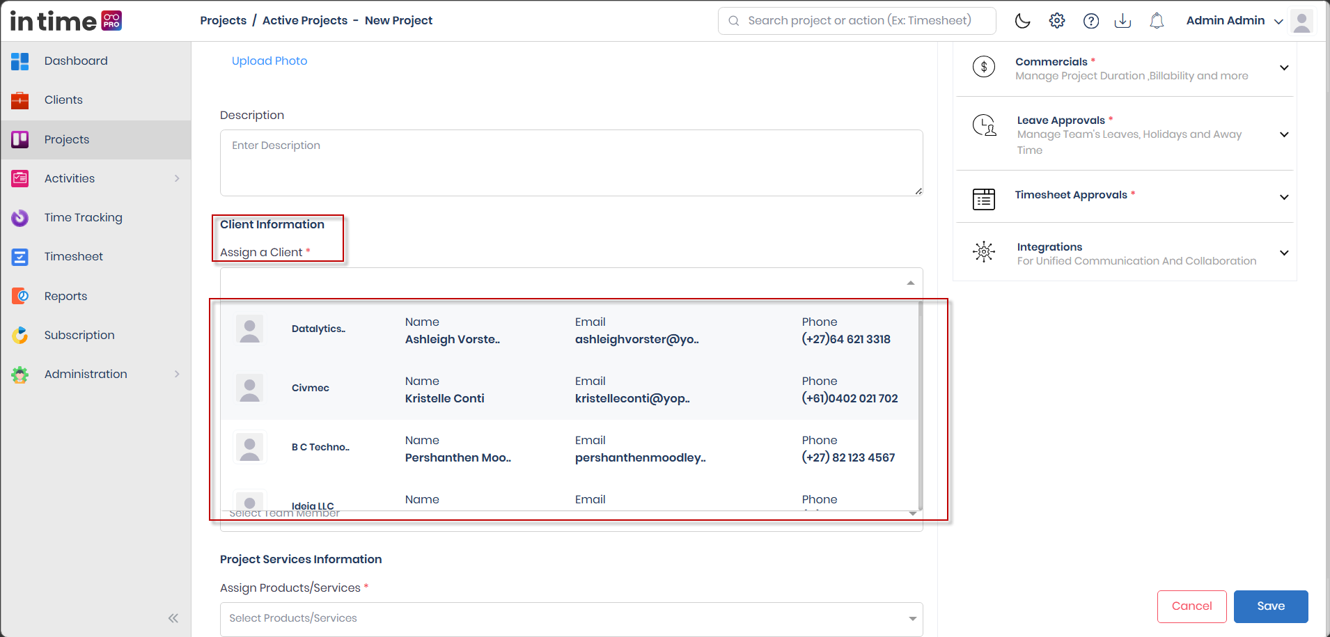 Client Information section showing the client selected for the project