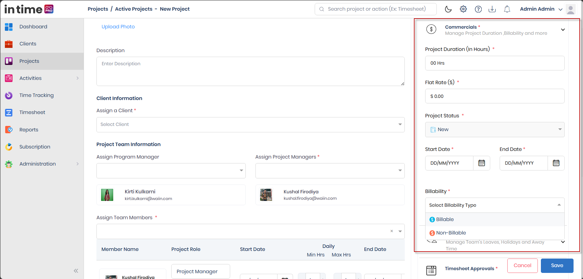 Commercials section showing project duration, rate, and dates