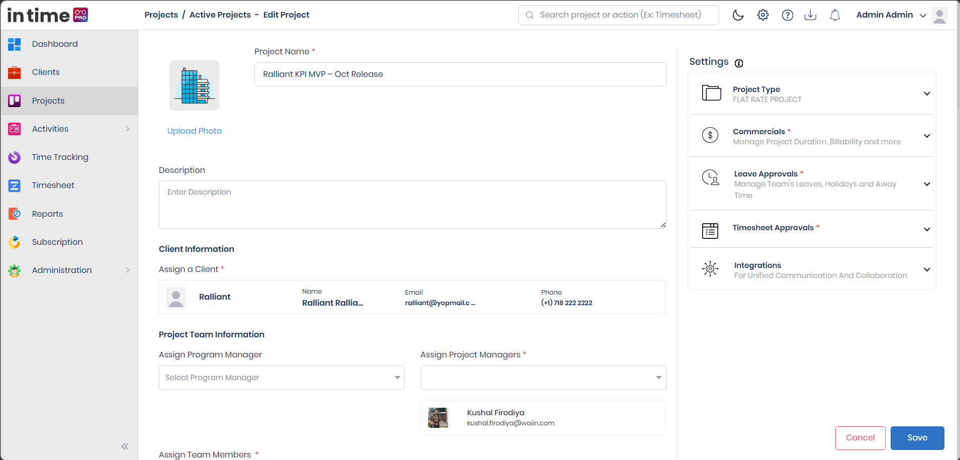 Edit Project form pre-filled with the project's existing details
