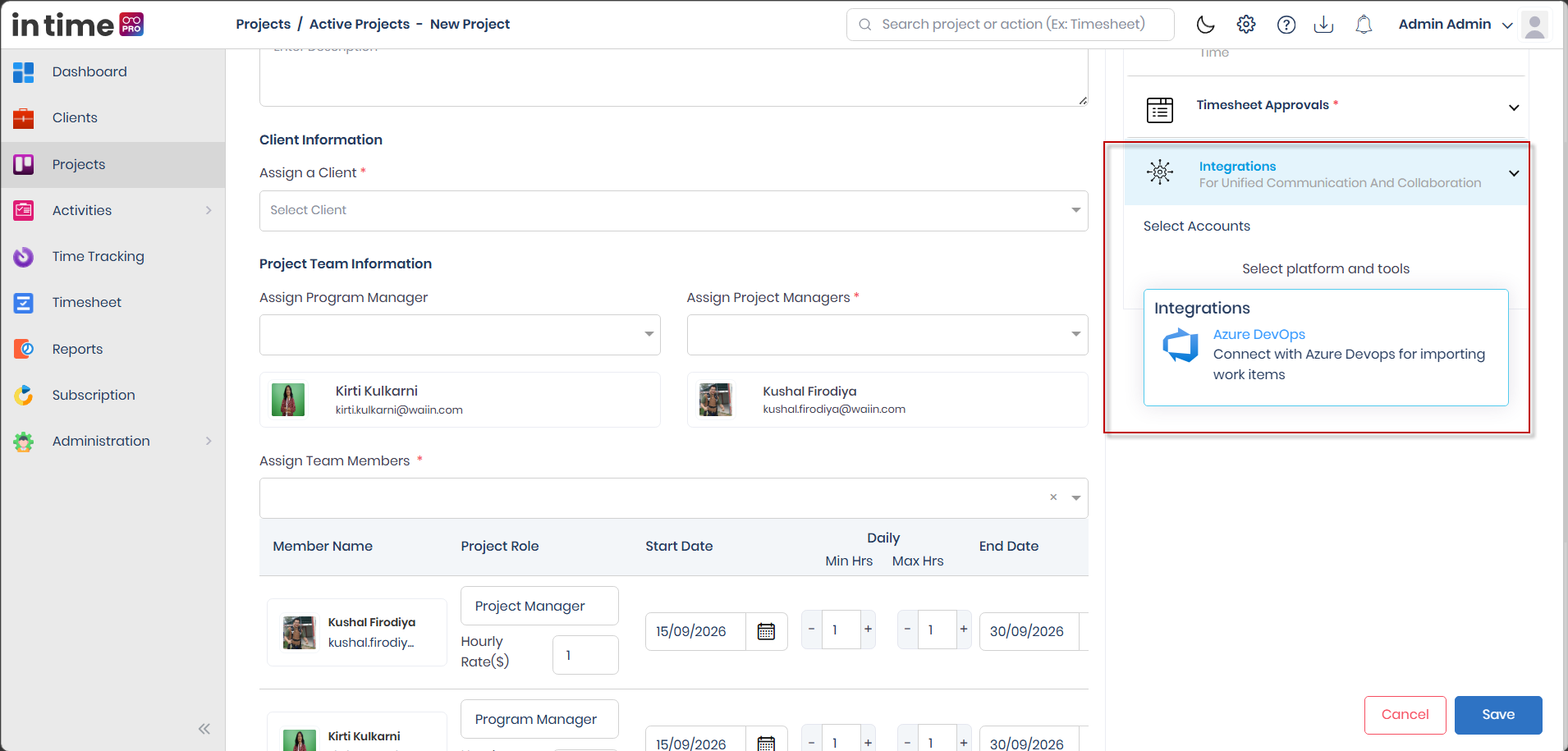 Integrations section showing the Azure DevOps connection fields
