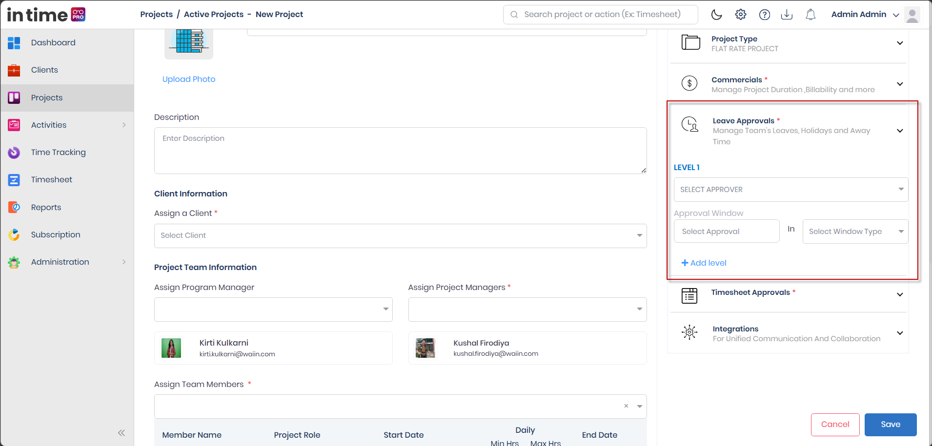 Leave Approvals section showing approval levels and approval windows