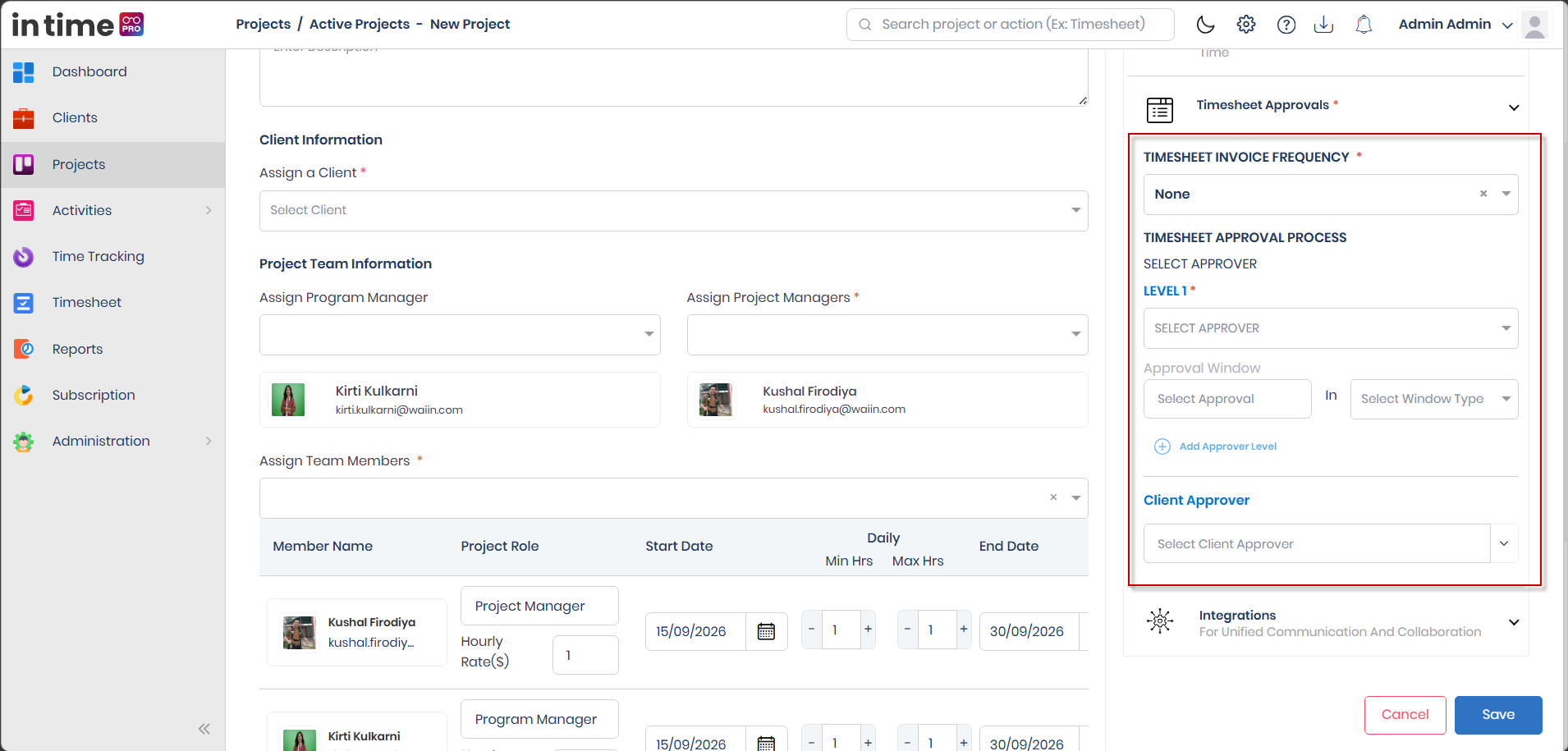 Timesheet Approvals section showing submission frequency and approver levels
