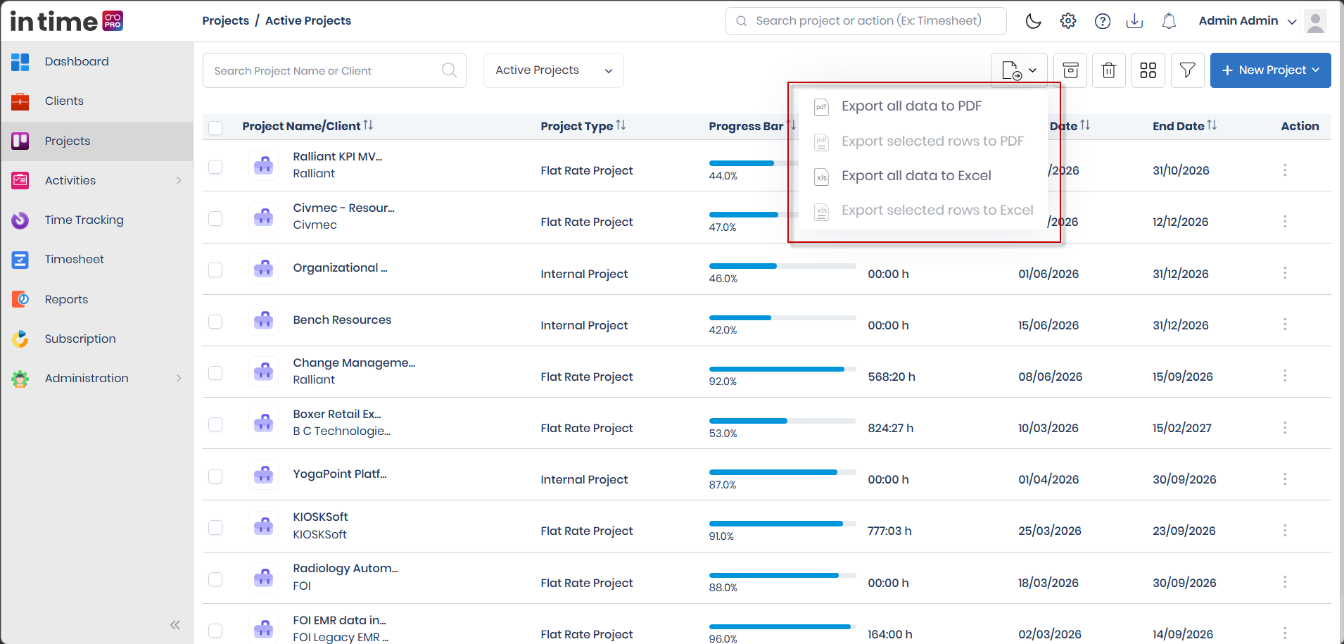 Export dropdown with PDF and Excel options for all data and selected projects