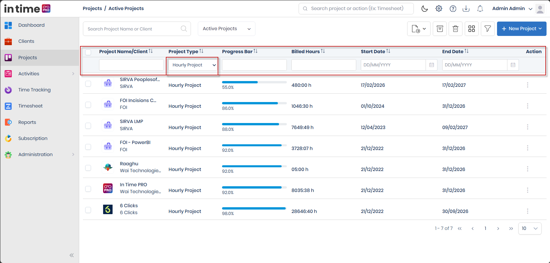 Column filter row open above the Projects list