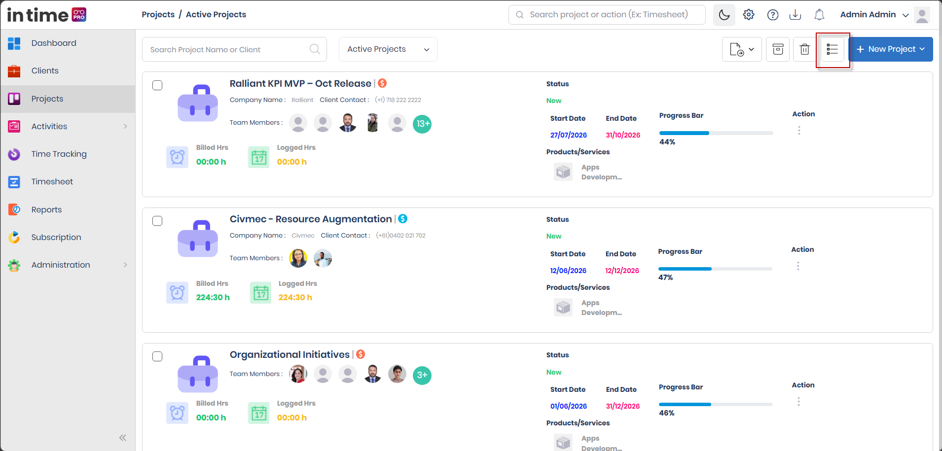 Projects list shown in grid (card) view
