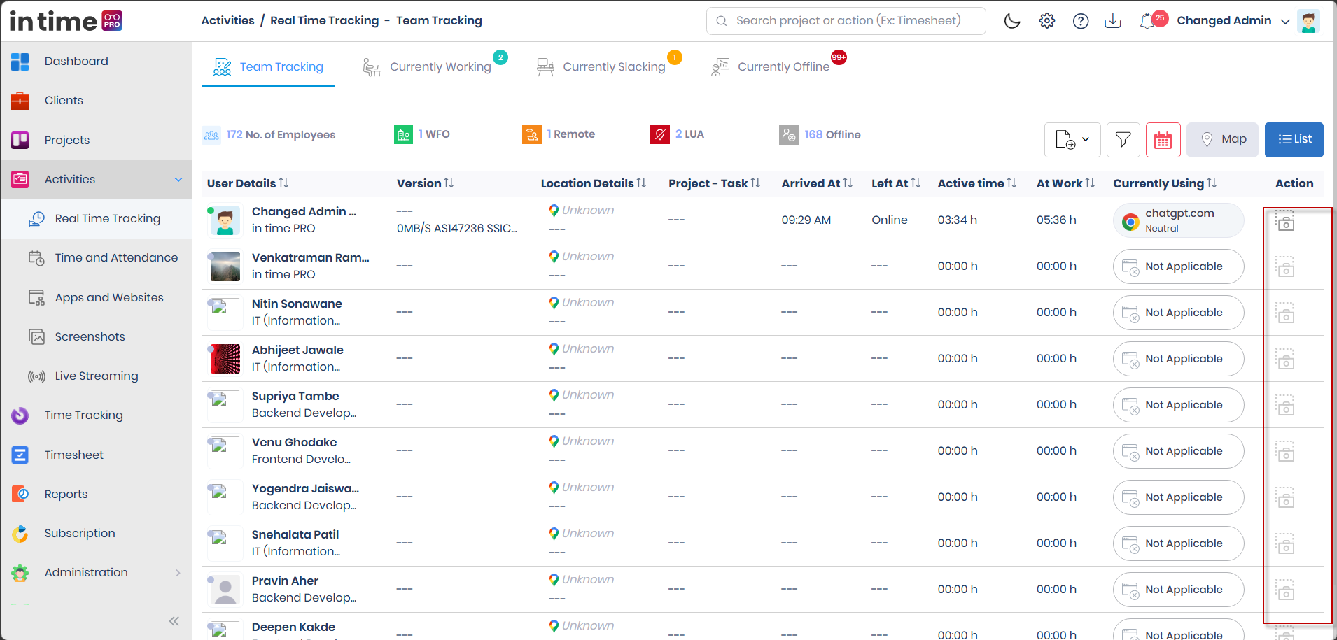 Action column on Team Tracking showing the Take Screenshot camera icon for each row