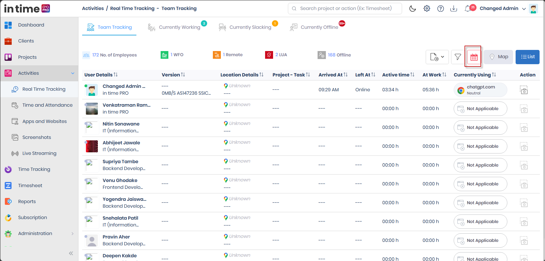 Calendar control on Team Tracking used to pick a day to review