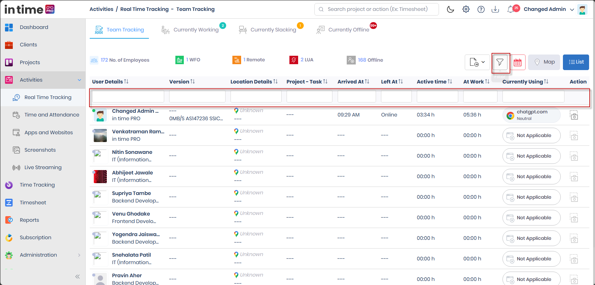 Filter icon and column filter row on Team Tracking
