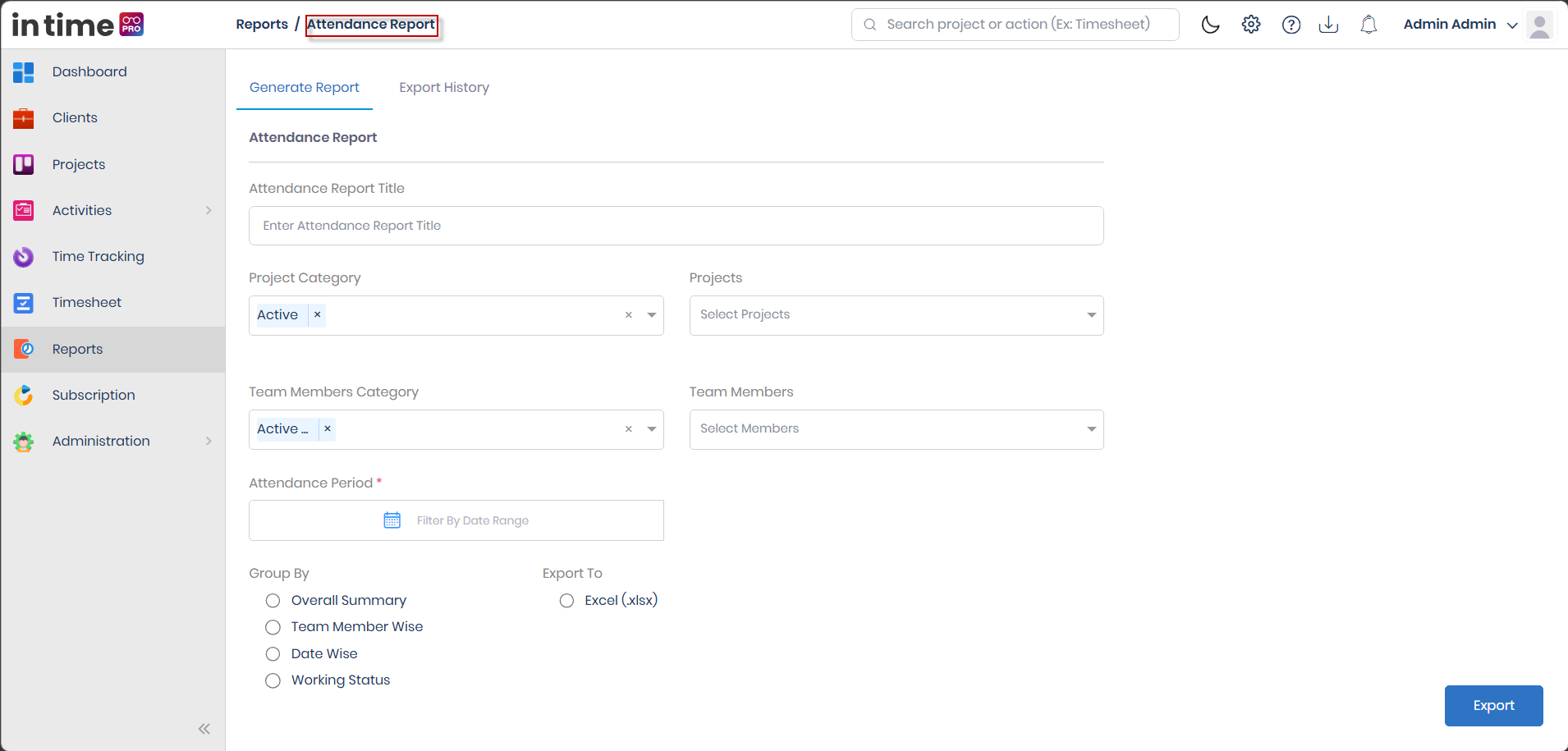Attendance Report Generate Report form showing Attendance Report Title, Project Category, Projects, Team Members Category, Team Members, Attendance Period, Group By, and Export To