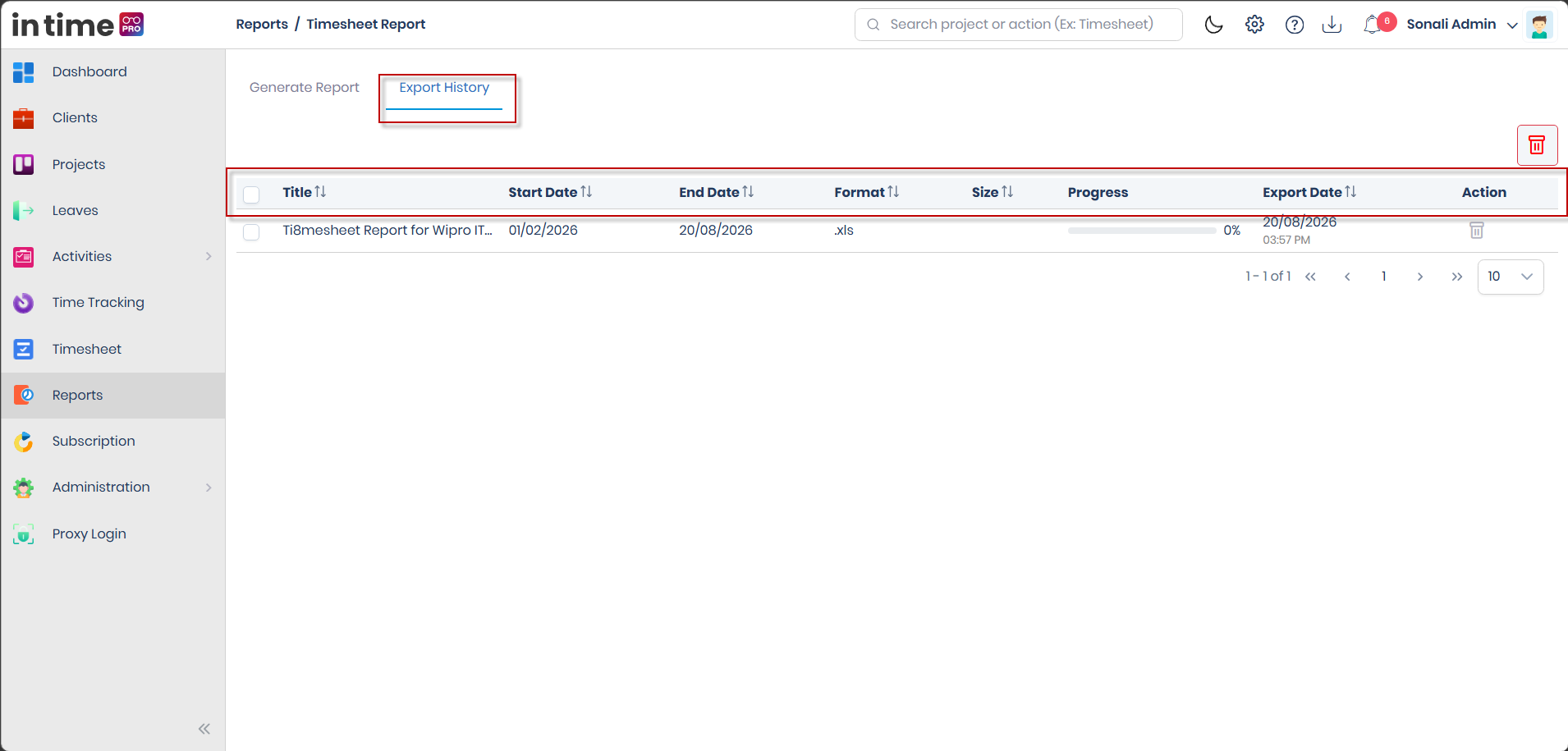 Export History tab showing Title, Start Date, End Date, Format, Size, Progress, Export Date, and Action columns