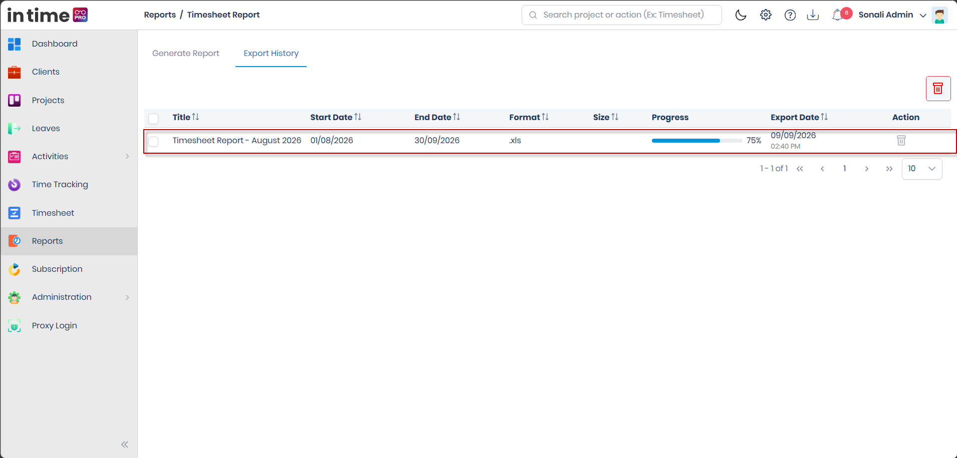Export History row showing a report in progress at 75%, before the Download link appears