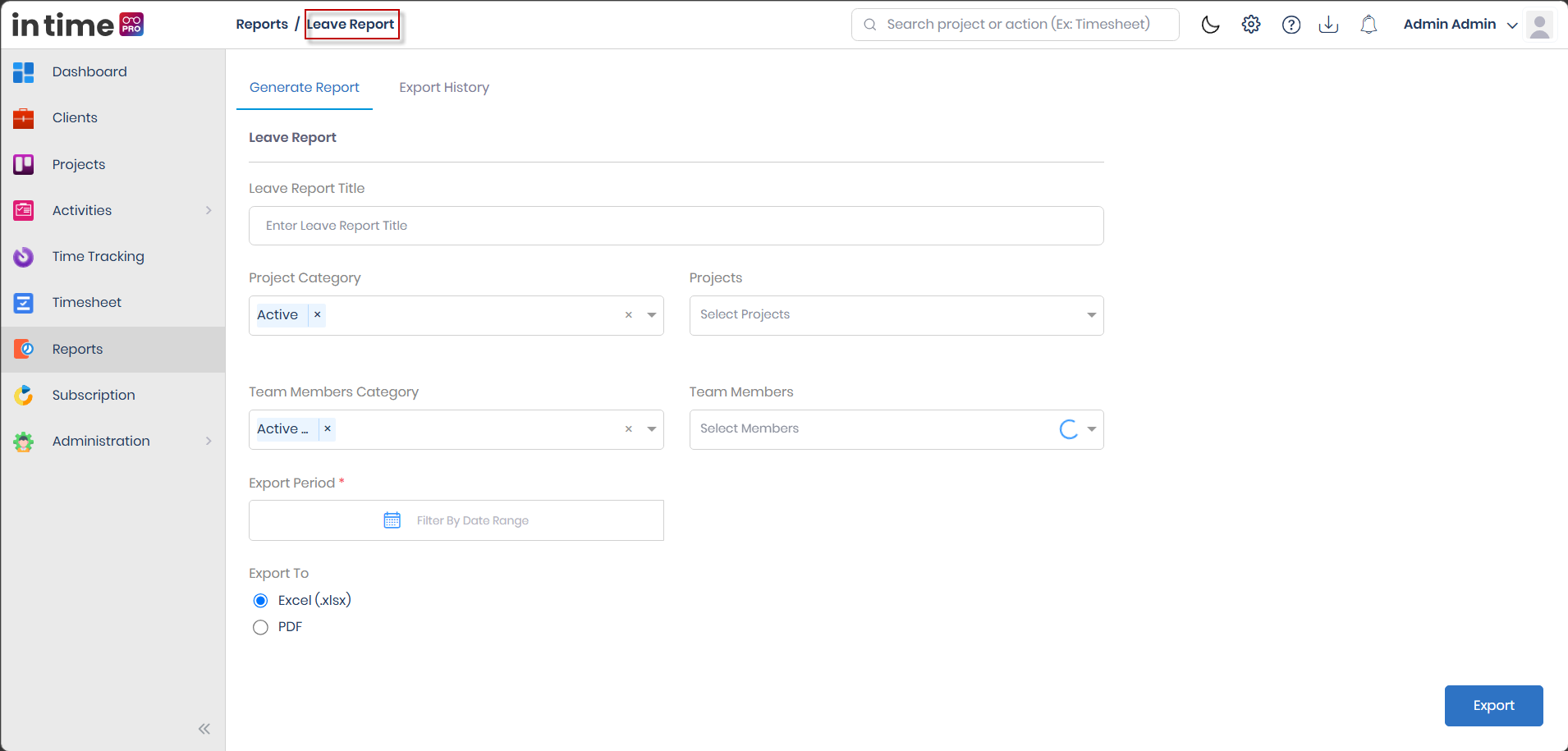 Leave Report screen shown for reference only — Leave Report generation is currently disabled and should not be used