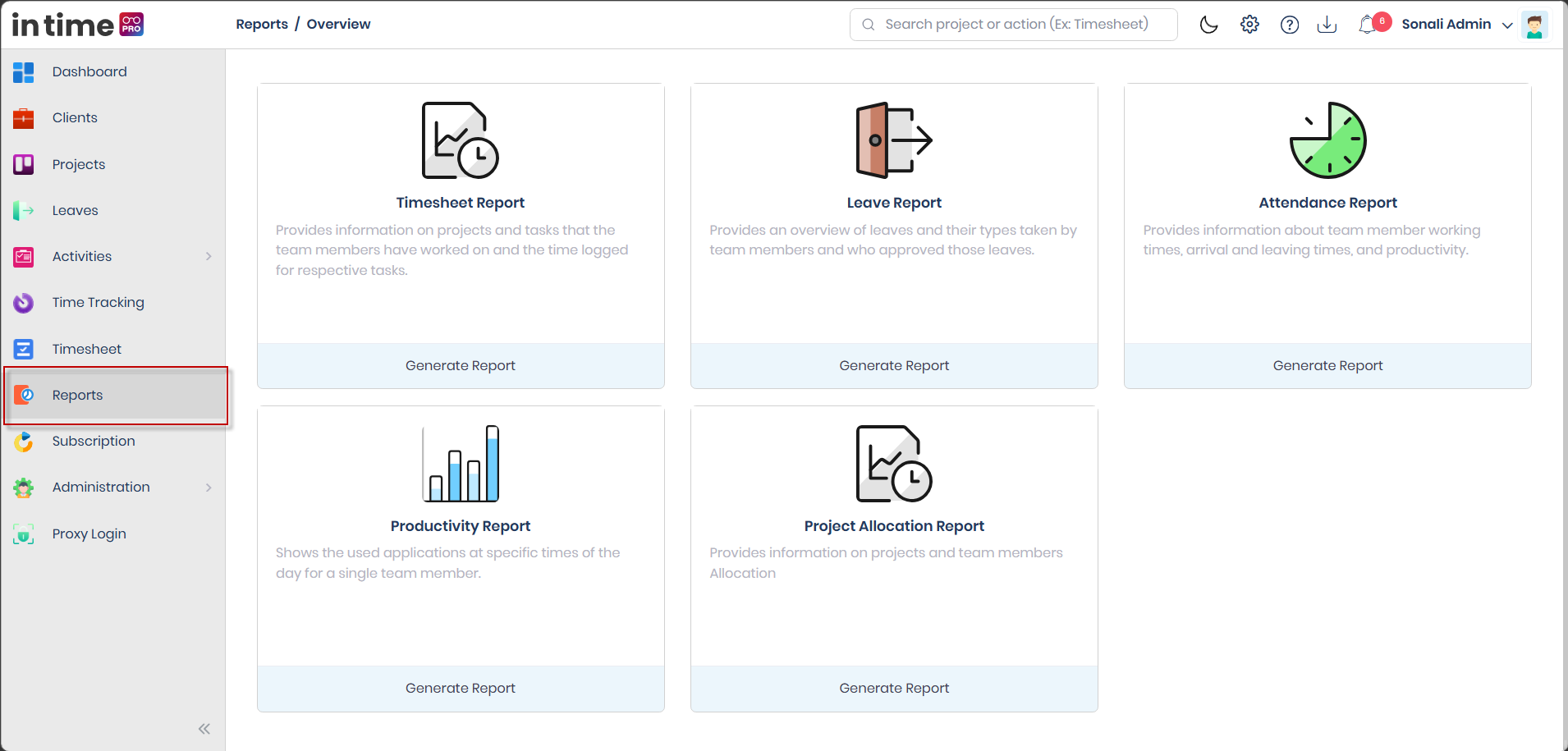 Reports Overview page showing the Timesheet Report, Leave Report, Attendance Report, Productivity Report, and Project Allocation Report cards