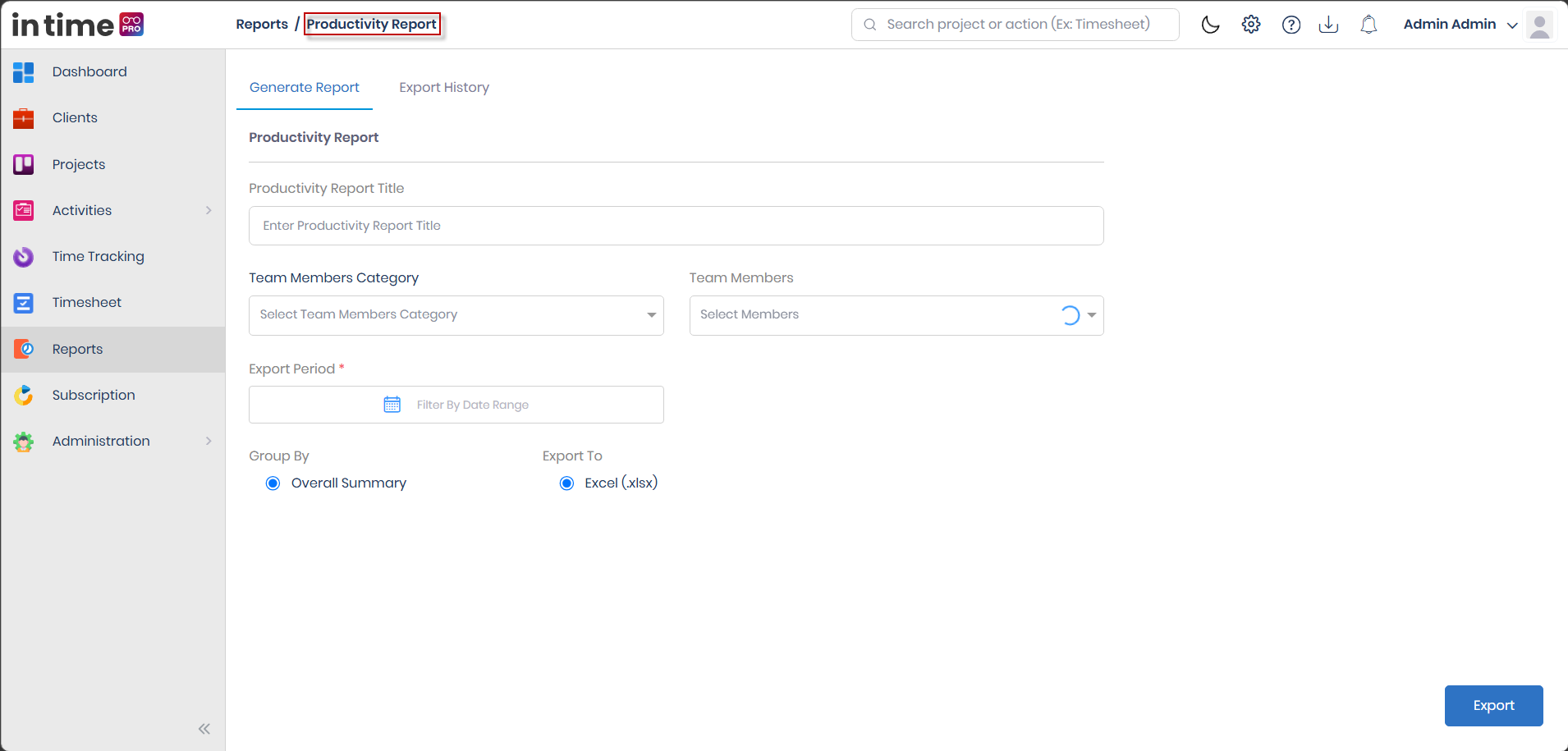 Productivity Report Generate Report form showing Productivity Report Title, Team Members Category, Team Members, Export Period, Group By, and Export To
