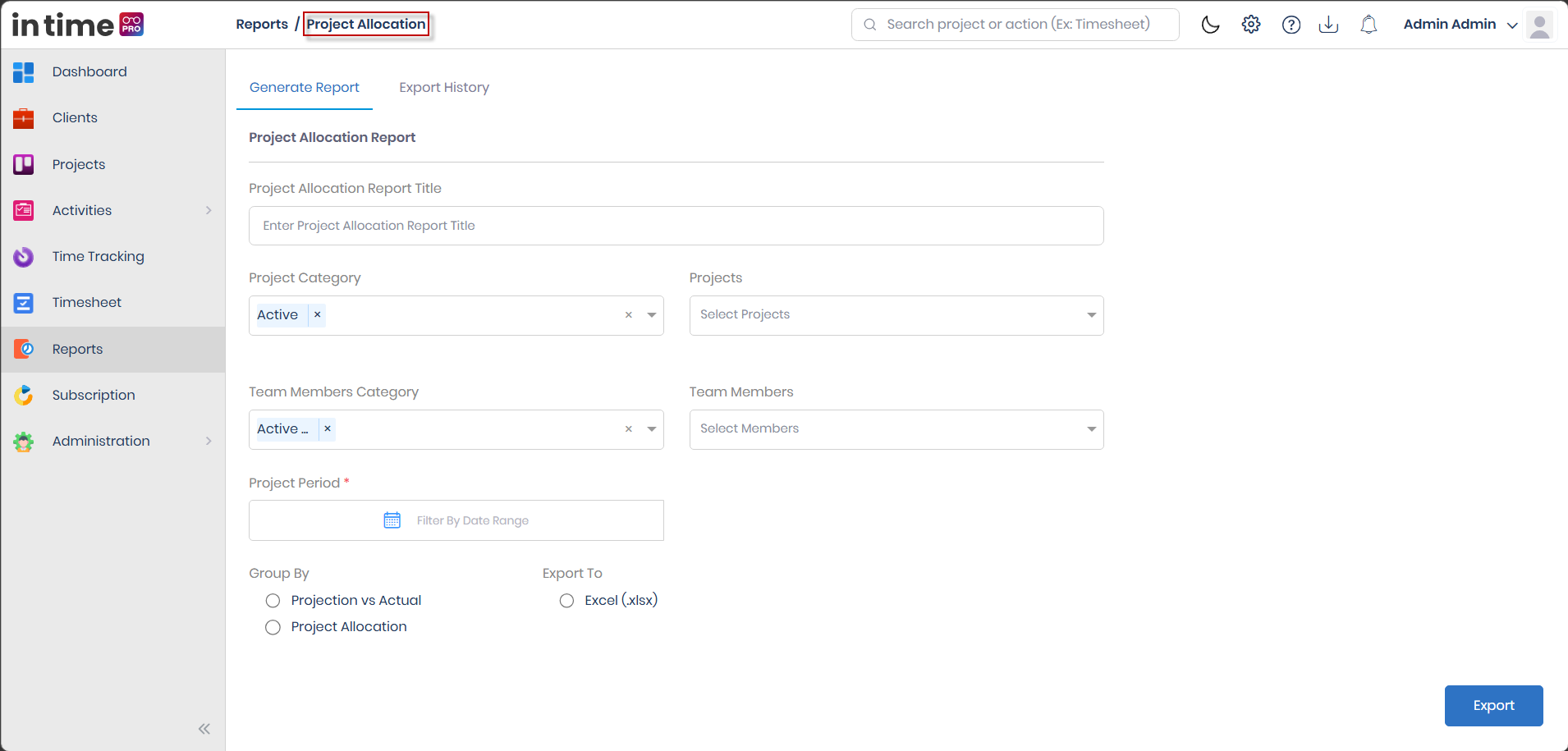 Project Allocation Report Generate Report form showing Project Allocation Report Title, Project Category, Projects, Team Members Category, Team Members, Project Period, Group By, and Export To