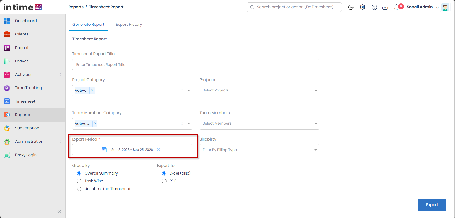 Timesheet Report Export Period field filled with a selected date range