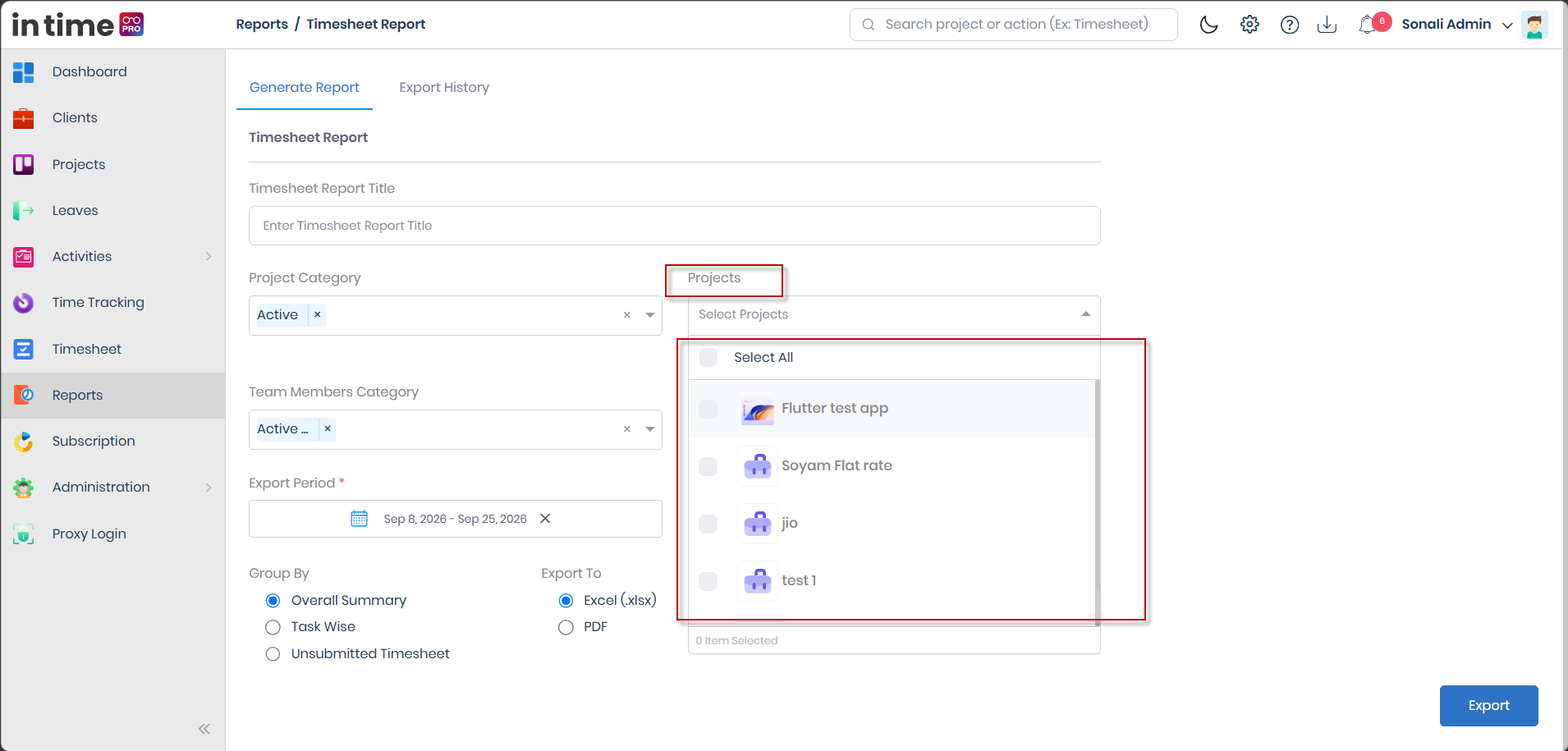 Projects dropdown open, showing the list of available projects with a Select All option