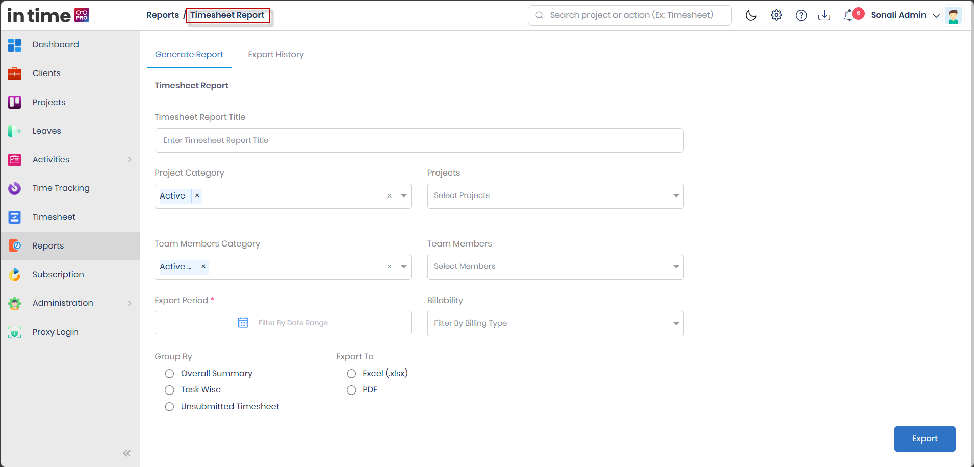 Timesheet Report Generate Report form showing Timesheet Report Title, Project Category, Projects, Team Members Category, Team Members, Export Period, Billability, Group By, and Export To