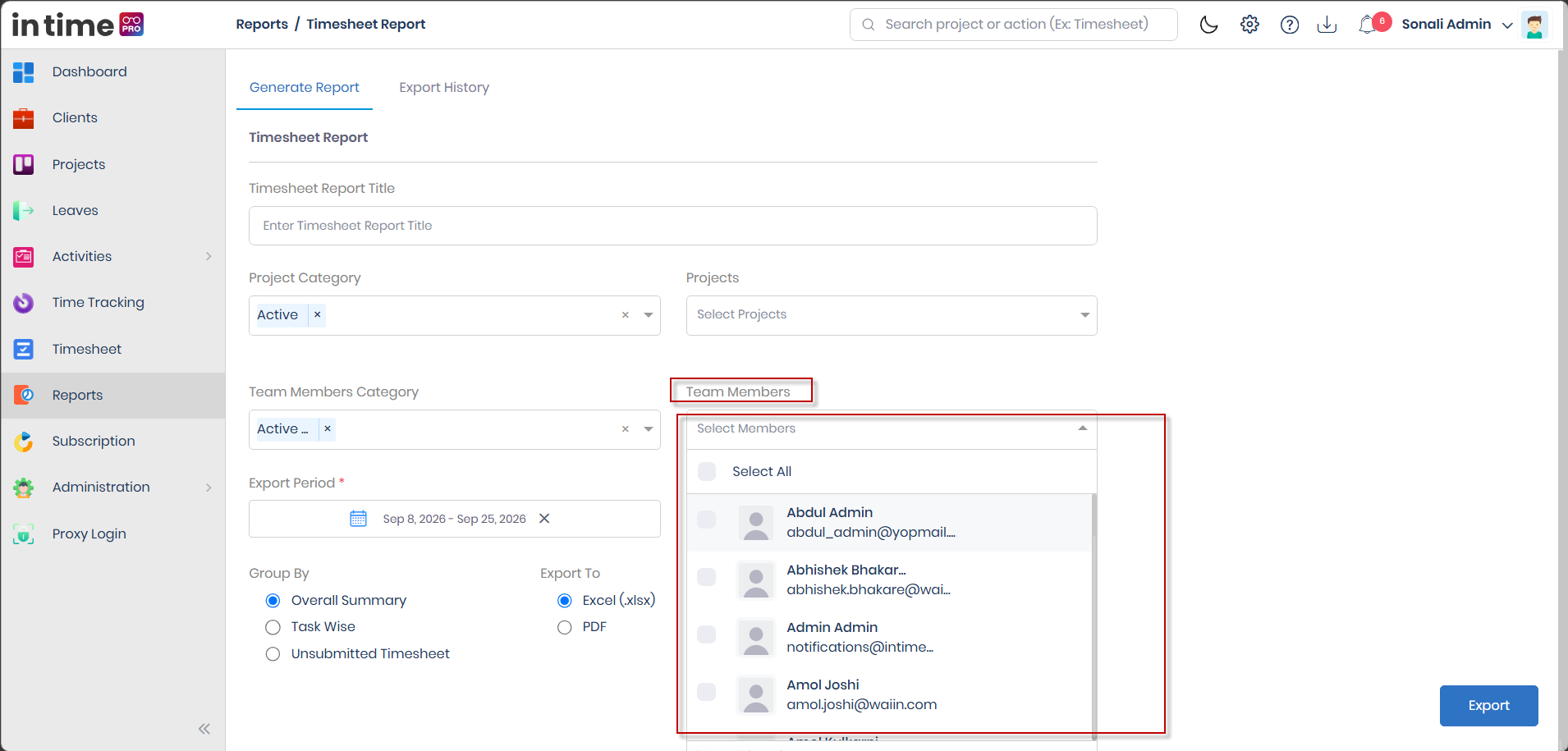 Team Members dropdown open, showing team members with photo, name, and email
