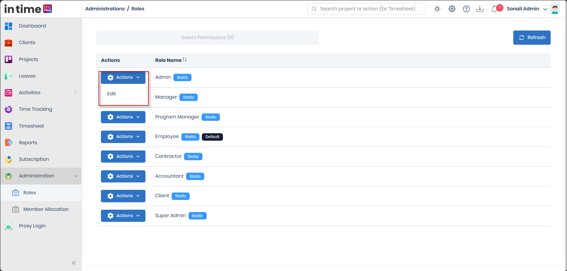 Actions dropdown open on the Admin role row, showing the Edit option