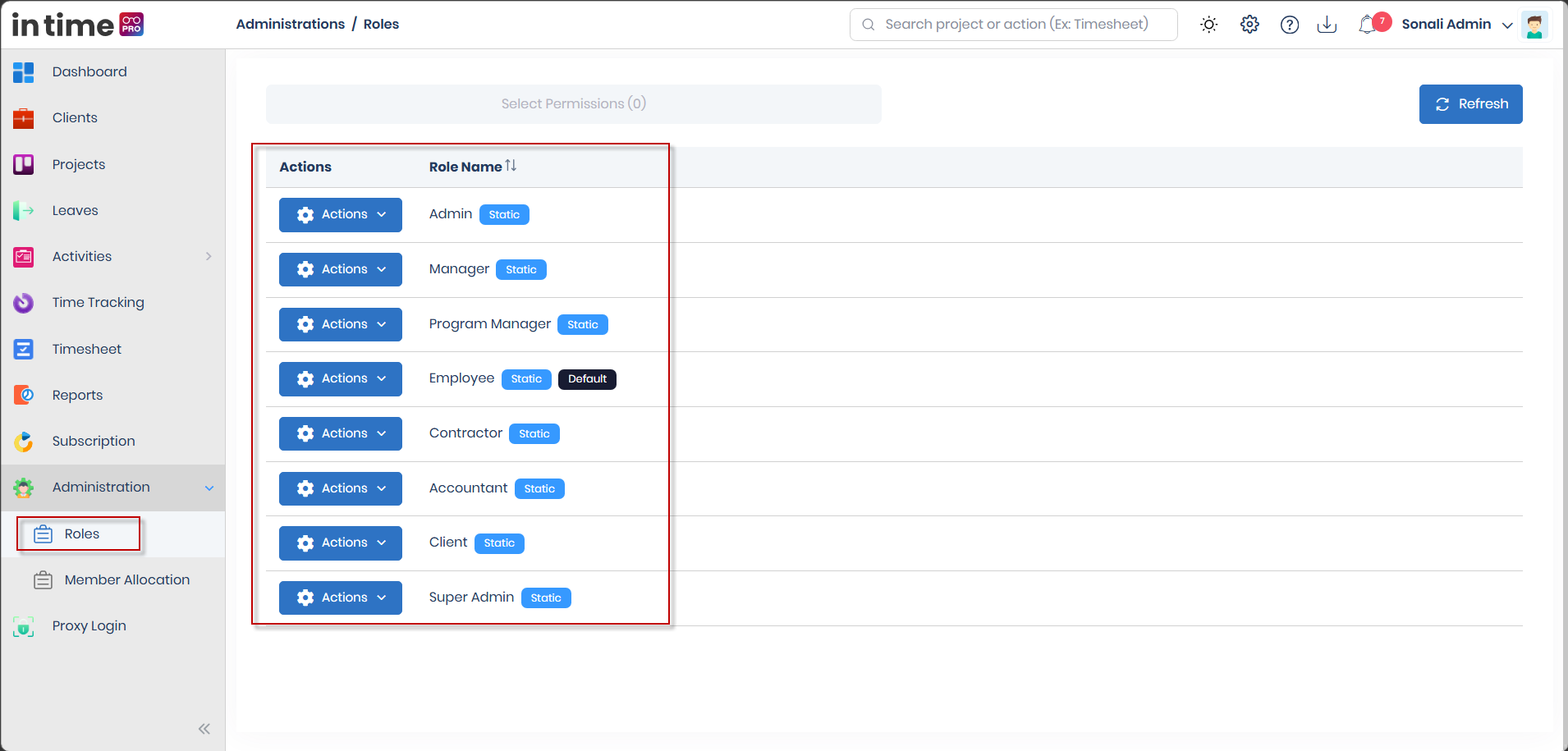 Roles page listing Admin, Manager, Program Manager, Employee, Contractor, Accountant, Client, and Super Admin, each with an Actions button and Static/Default badges
