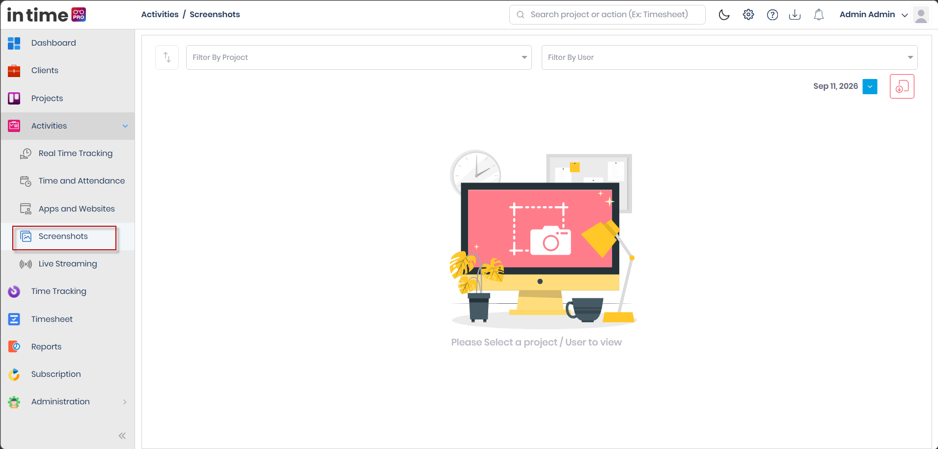 Screenshots page before a project or user is selected, showing the filter row and the "Please Select a project / User to view" message