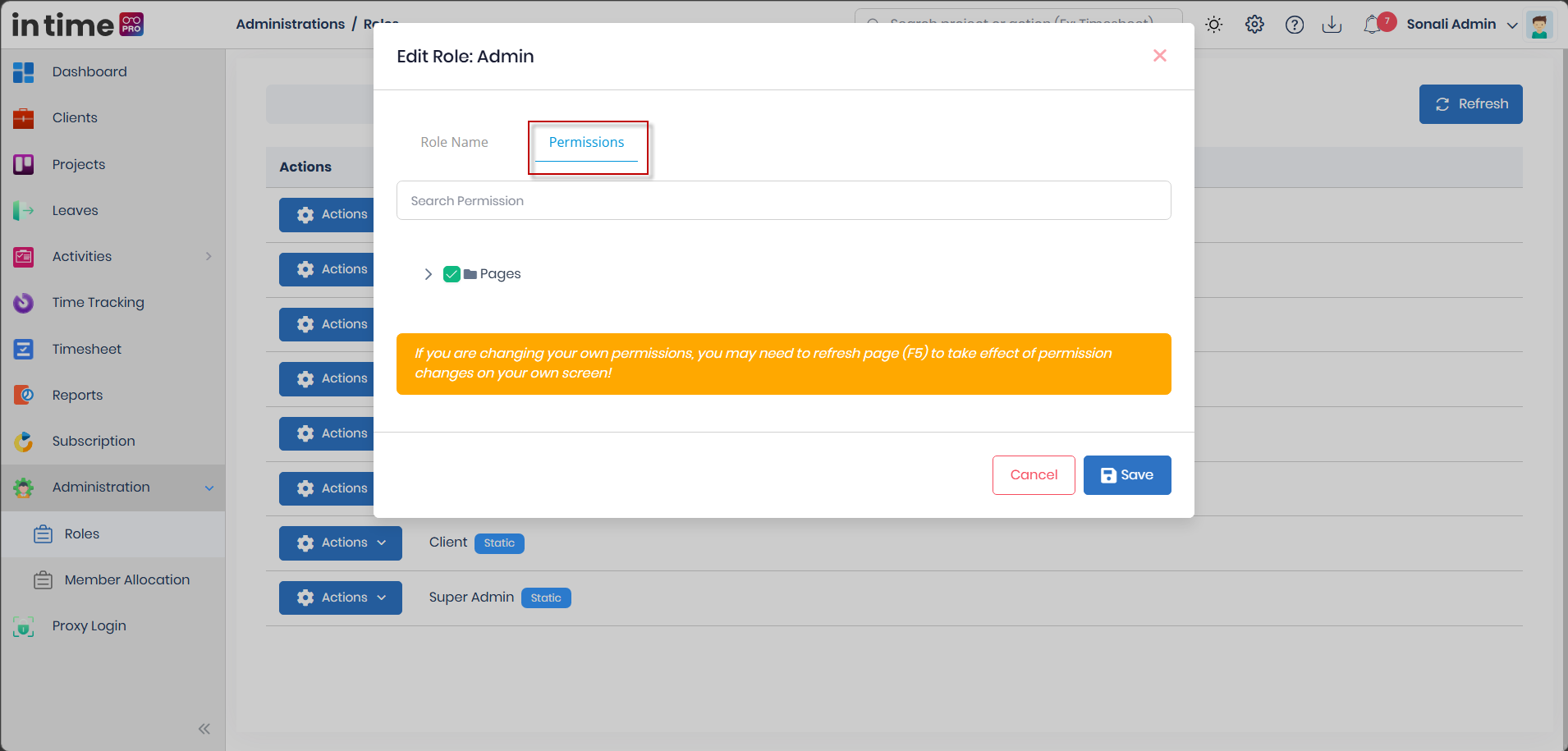Edit Role dialog with the Permissions tab open, showing the Pages permission checkbox and the refresh-page reminder