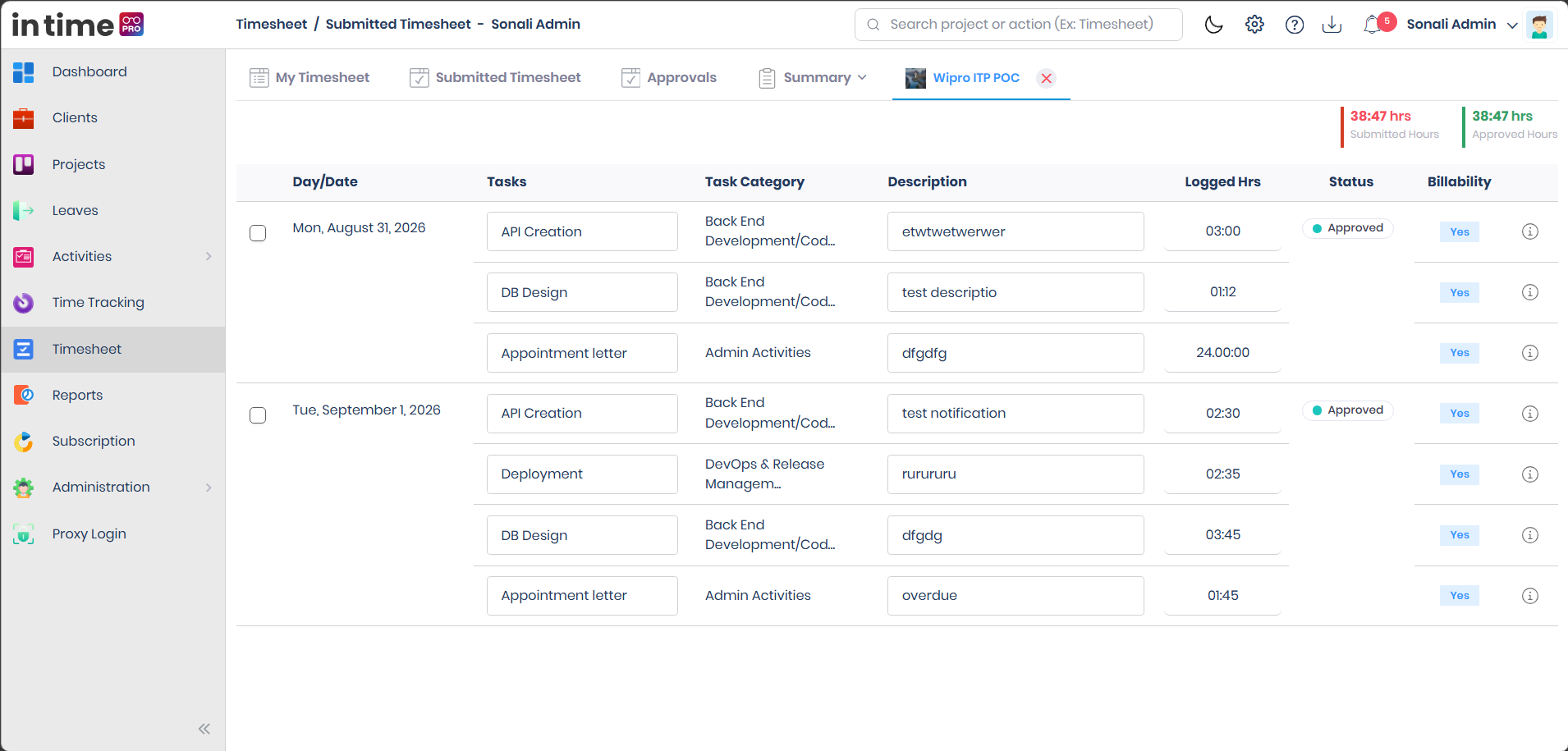 Submitted Timesheet detail view showing a day-by-day breakdown of tasks, description, logged hours, status, and billability