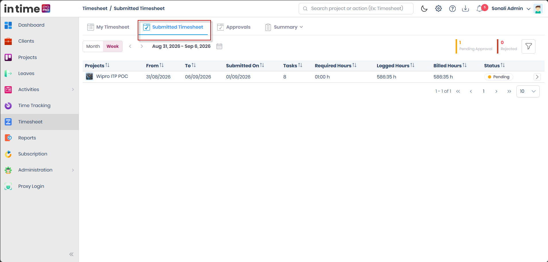 Submitted Timesheet list showing Projects, From, To, Submitted On, Tasks, Required Hours, Logged Hours, Billed Hours, and Status