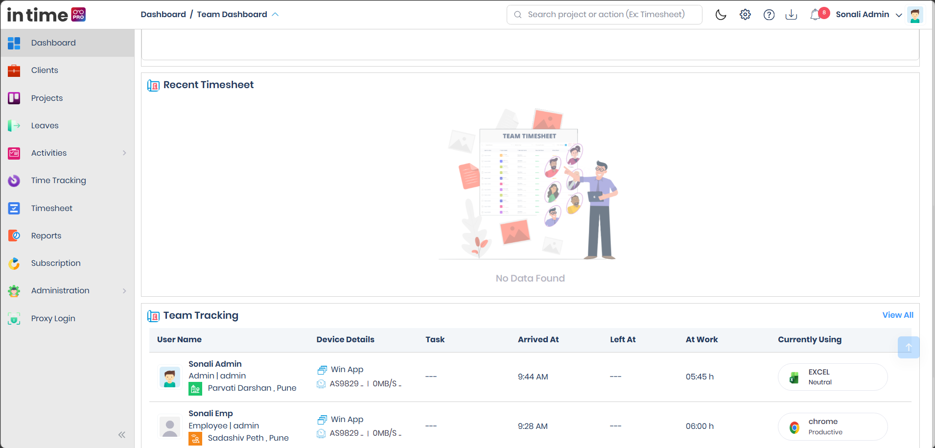 Admin Team Dashboard showing Recent Timesheet and Team Tracking