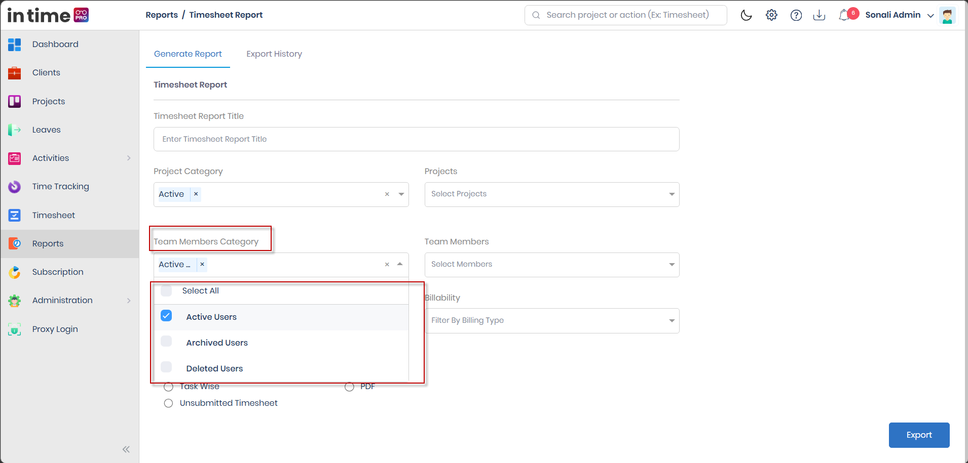 Team Members Category dropdown open, showing Active Users, Archived Users, and Deleted Users with a Select All option