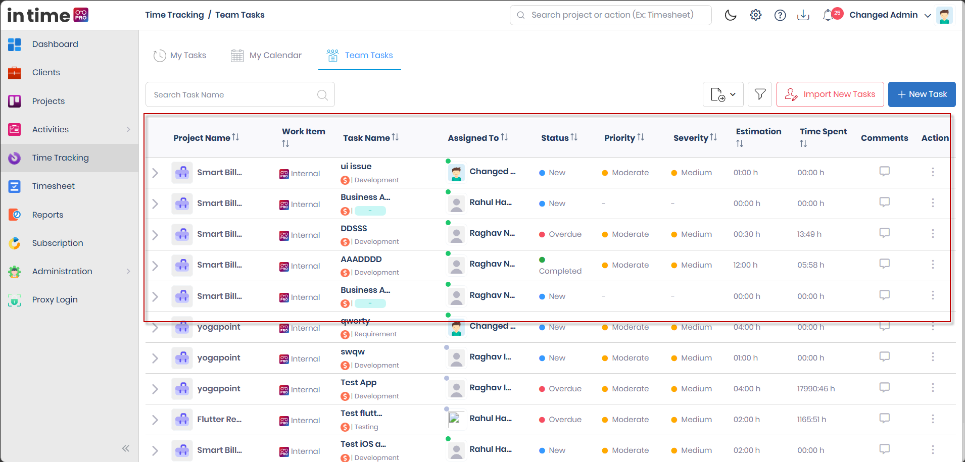 Team Tasks list showing the search box, Export, Filter, Import New Tasks, New Task, and the table of tasks