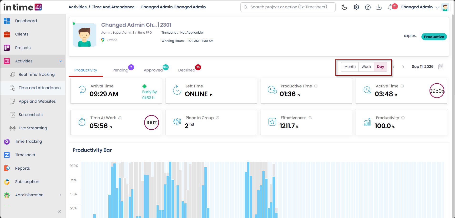 Month, Week, and Day toggle on Time and Attendance
