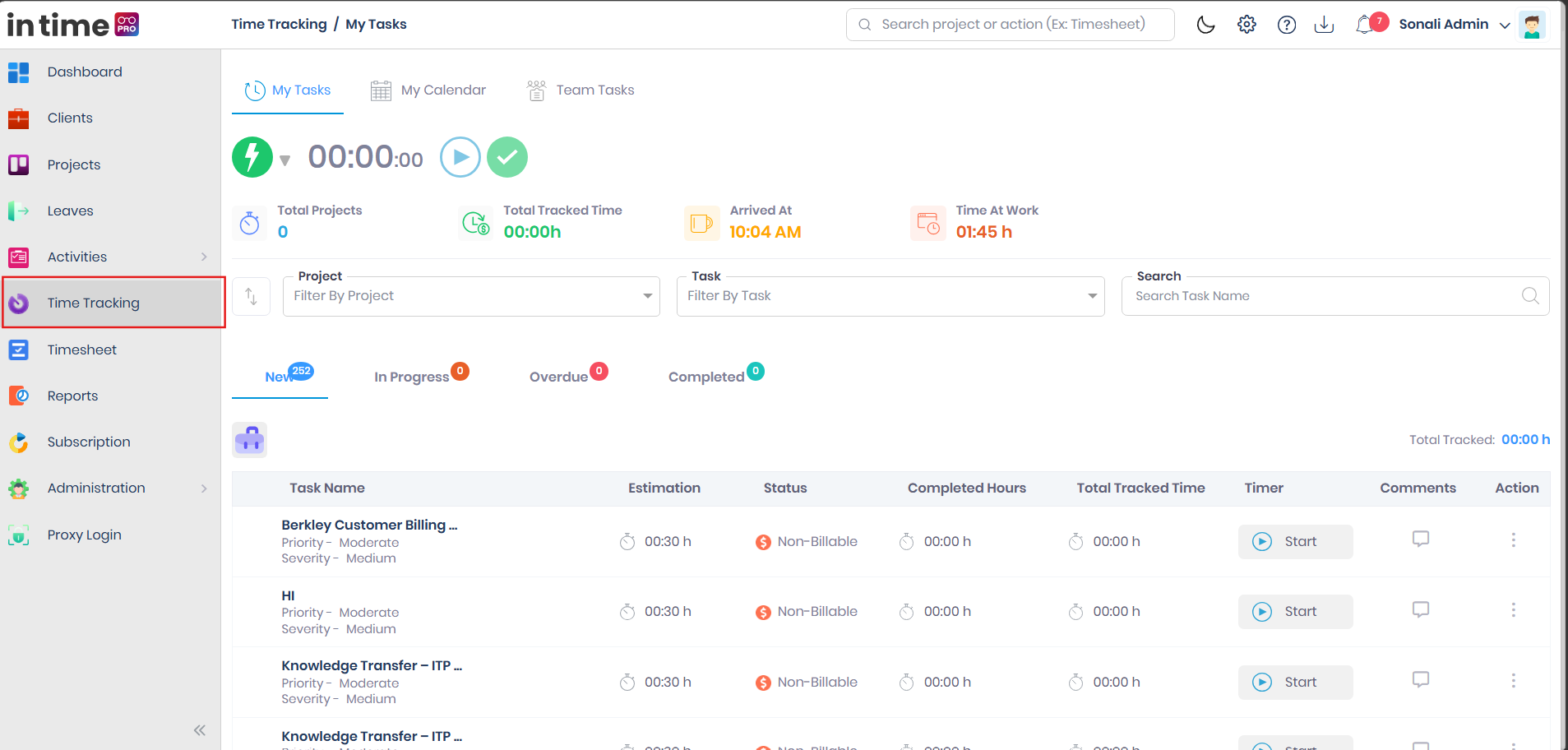 Time Tracking highlighted in the left main menu, with the My Tasks page open