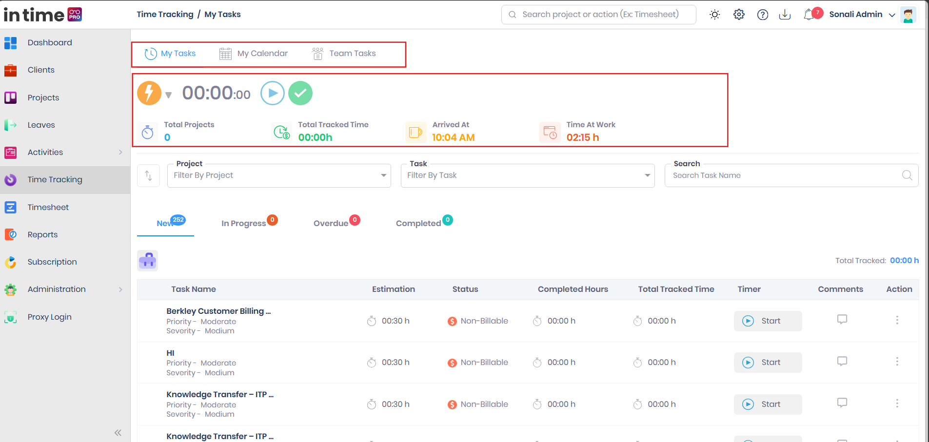 Time Tracking tabs — My Tasks, My Calendar, and Team Tasks — with the status timer and today's summary figures above the task list