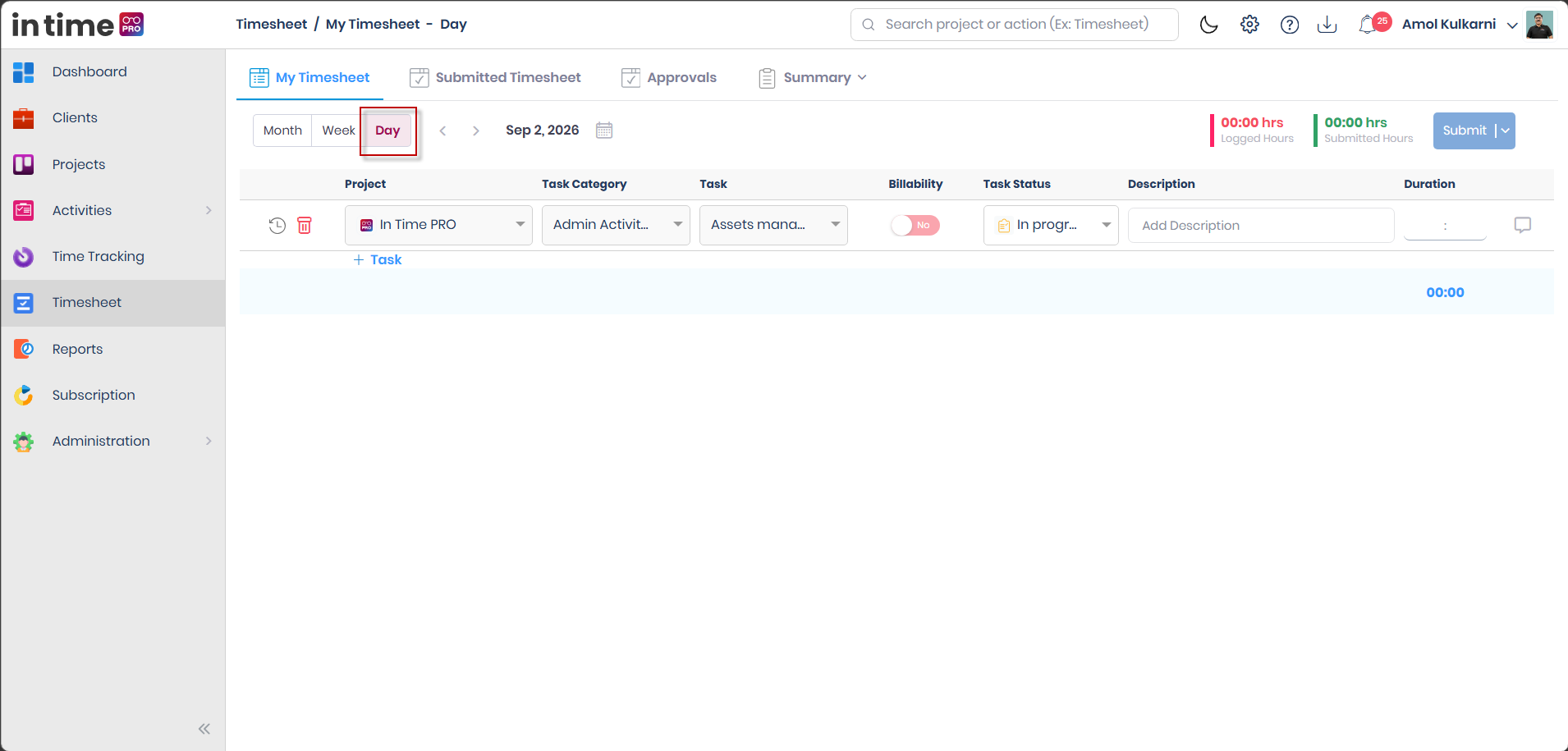 My Timesheet Day view grid showing Project, Task Category, Task, Billability, Task Status, Description, and Duration columns