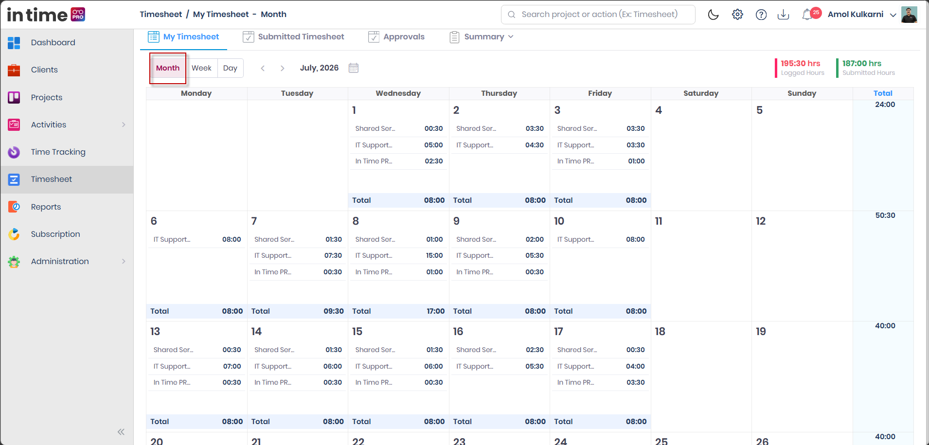 My Timesheet Month view calendar showing daily and weekly totals across the month