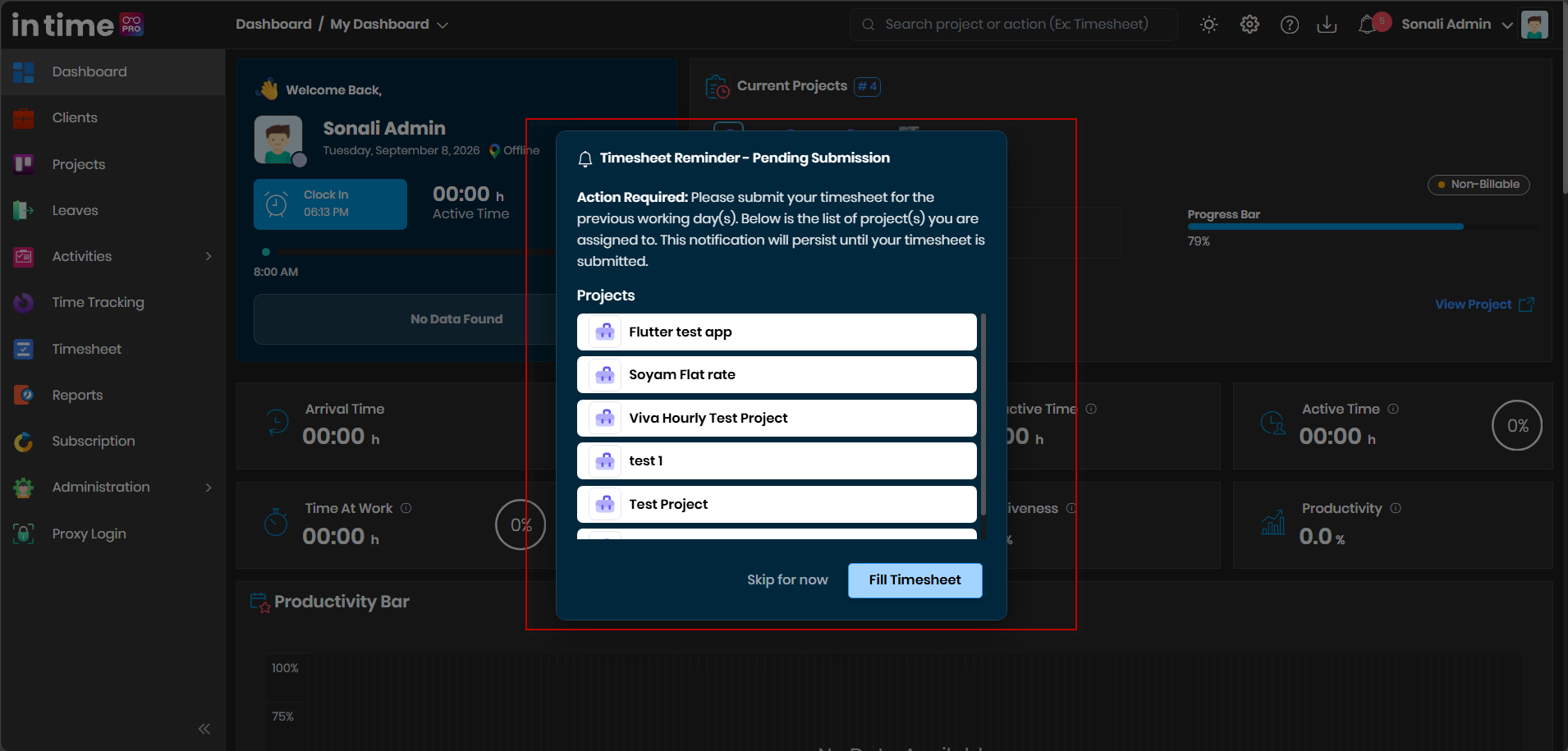 Timesheet Reminder pop-up listing projects with pending timesheet submissions, with Skip for now and Fill Timesheet options