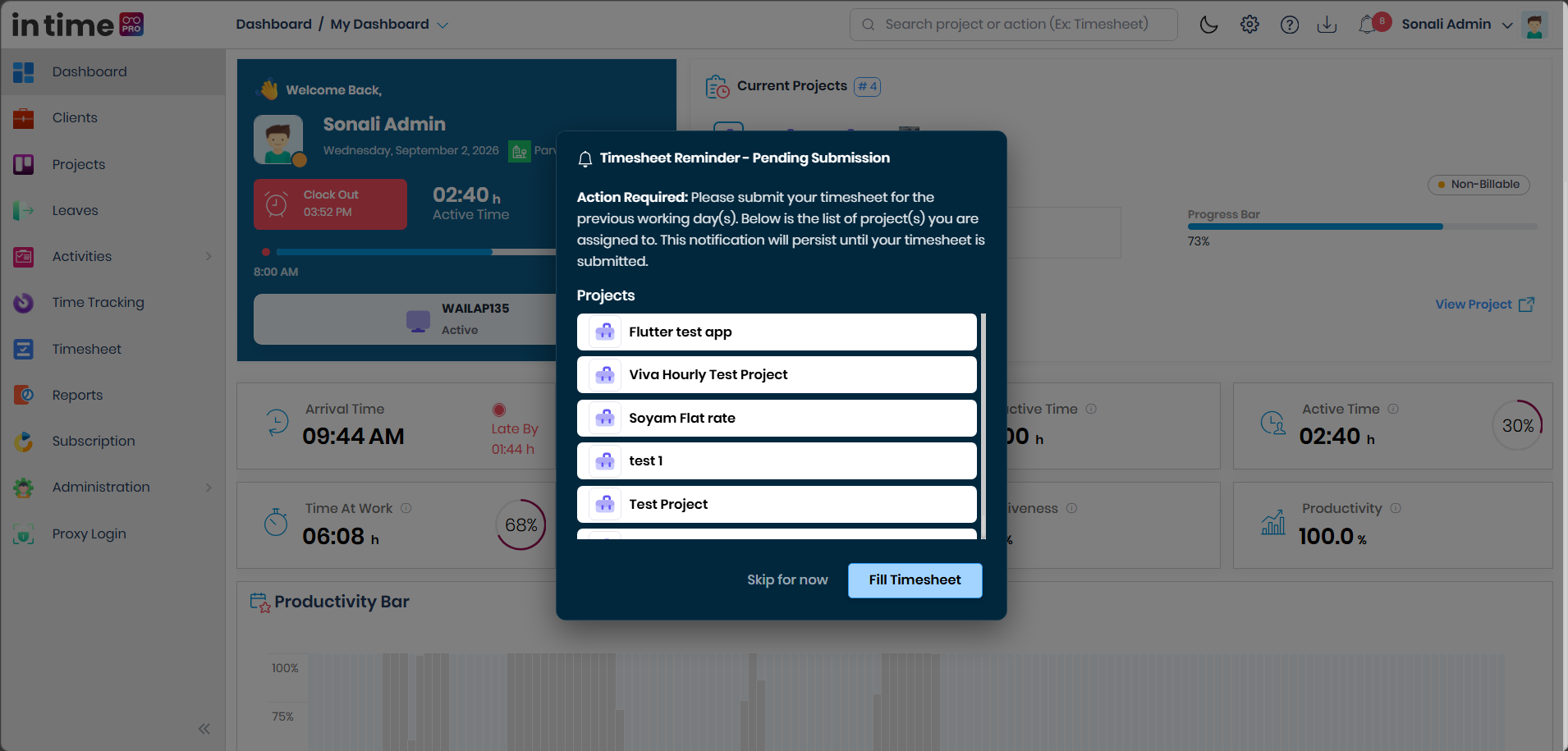 Timesheet Reminder popup listing assigned projects with pending timesheet submissions, with Skip for now and Fill Timesheet actions