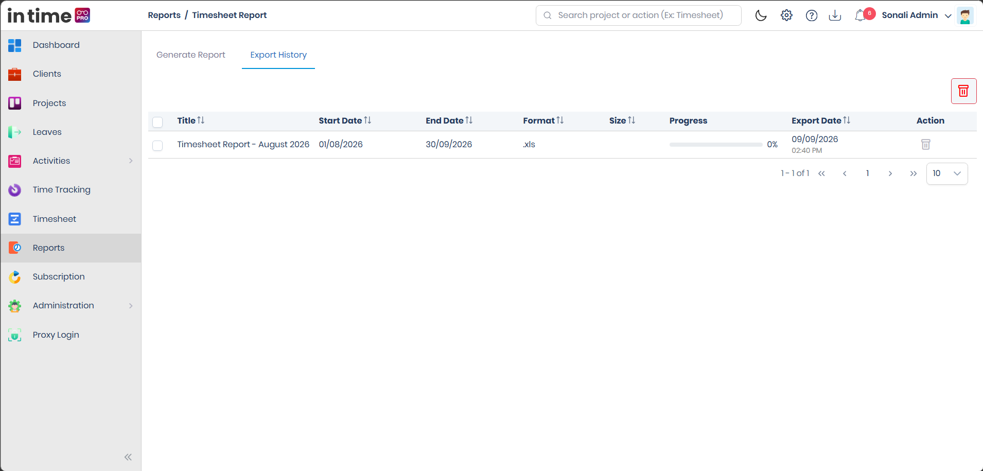 Export History immediately after selecting Export, showing the new report at 0% progress with no confirmation pop-up