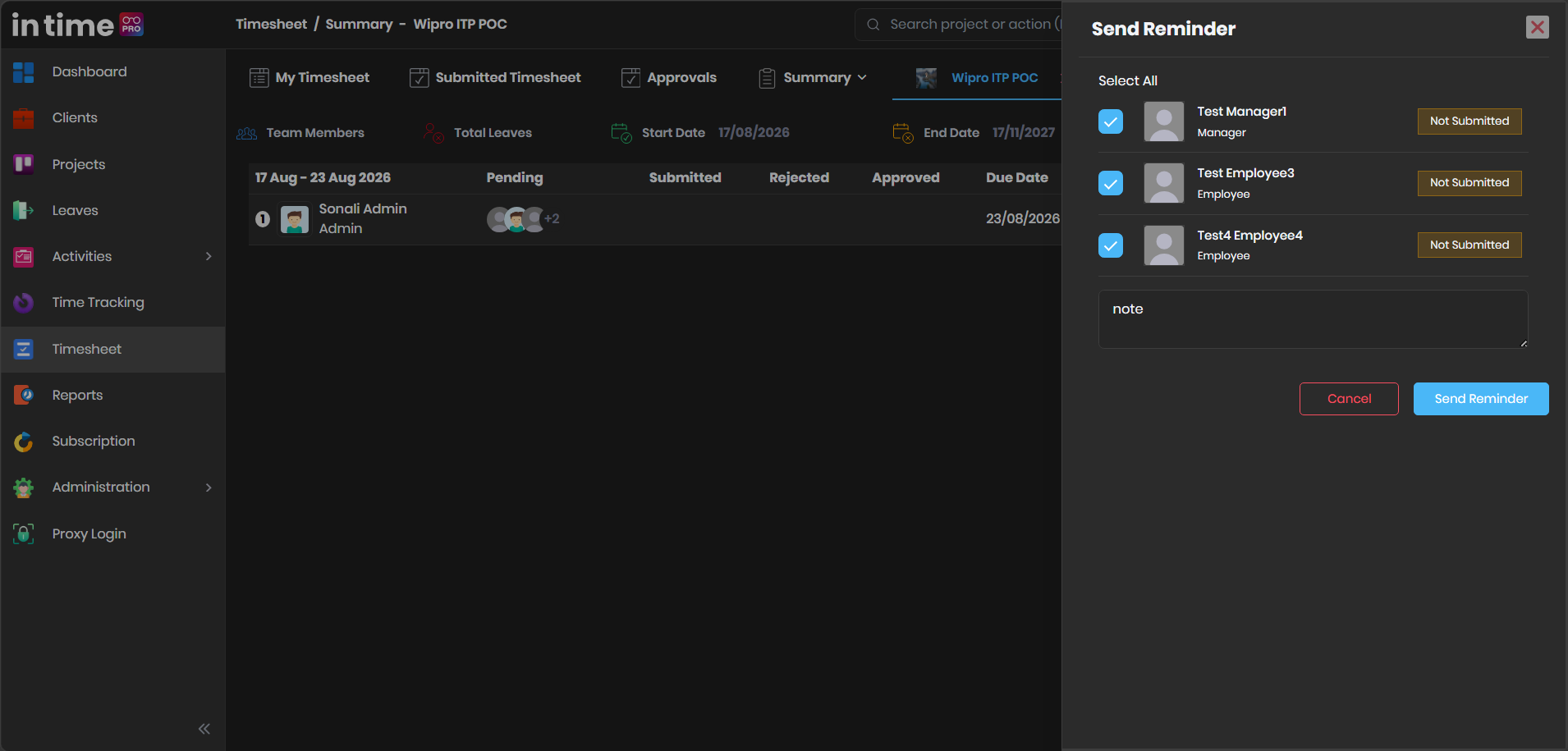 Send Reminder option available on a team member's weekly row in the Project Summary