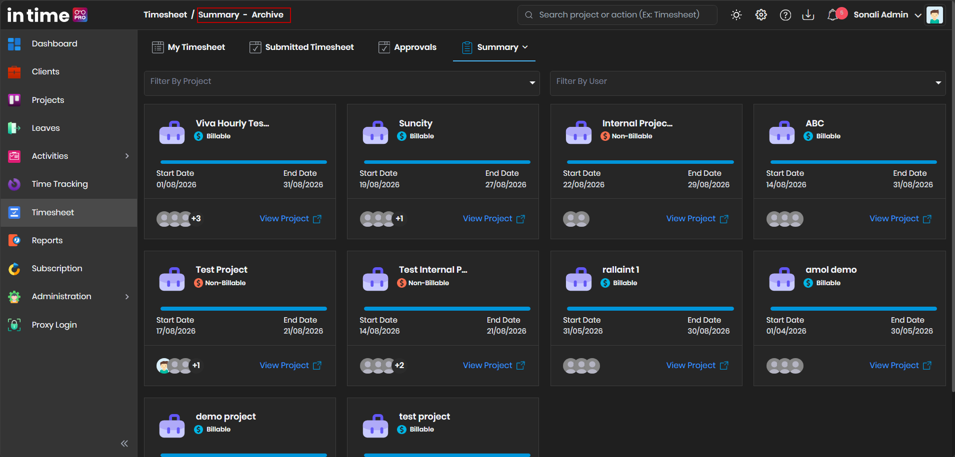 Summary screen with Archive Project selected, showing archived project cards