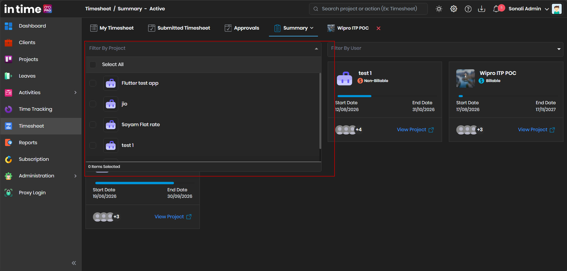 Filter By Project control on the Summary screen