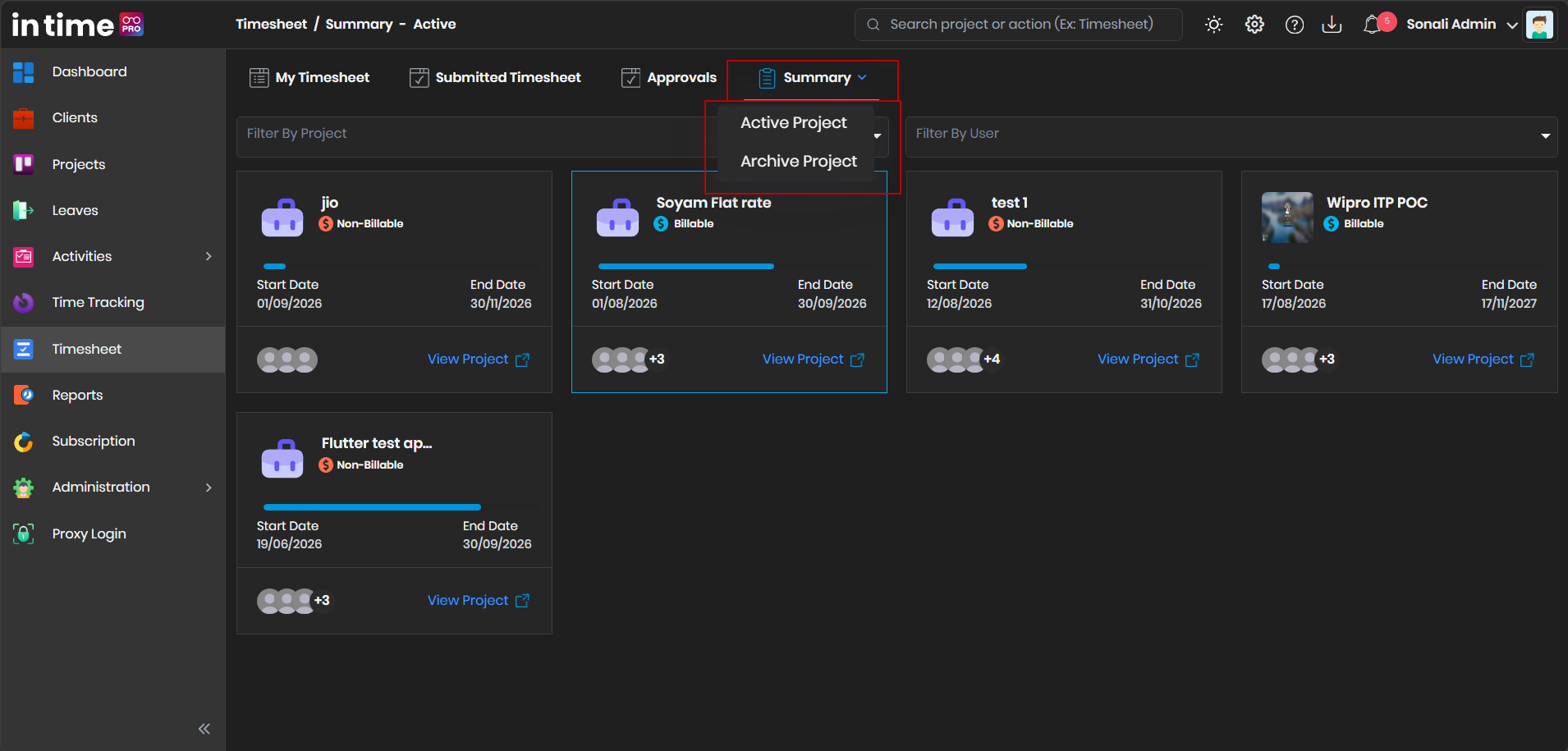 Summary heading dropdown open, showing the Active Project and Archive Project options