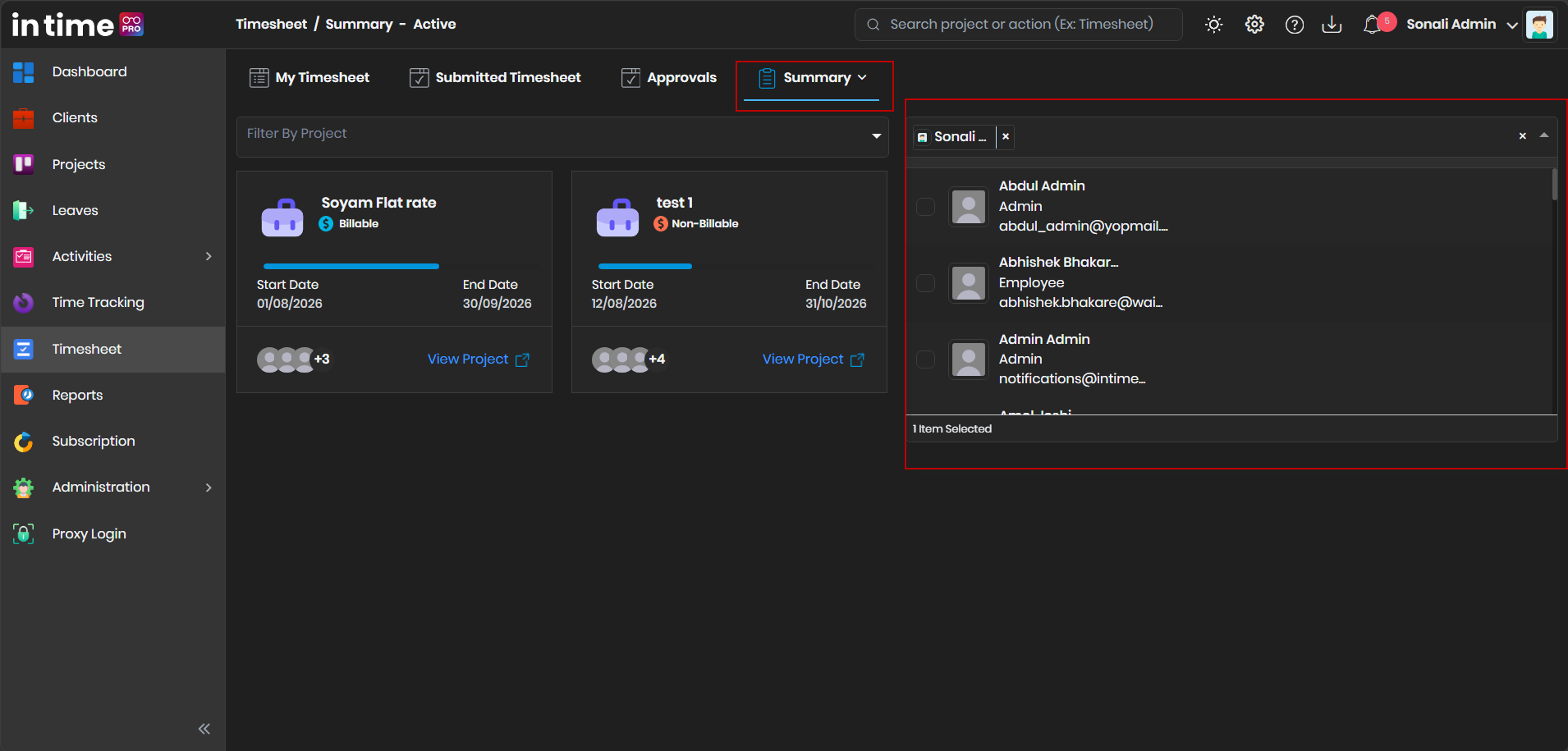 Filter By User control on the Summary screen
