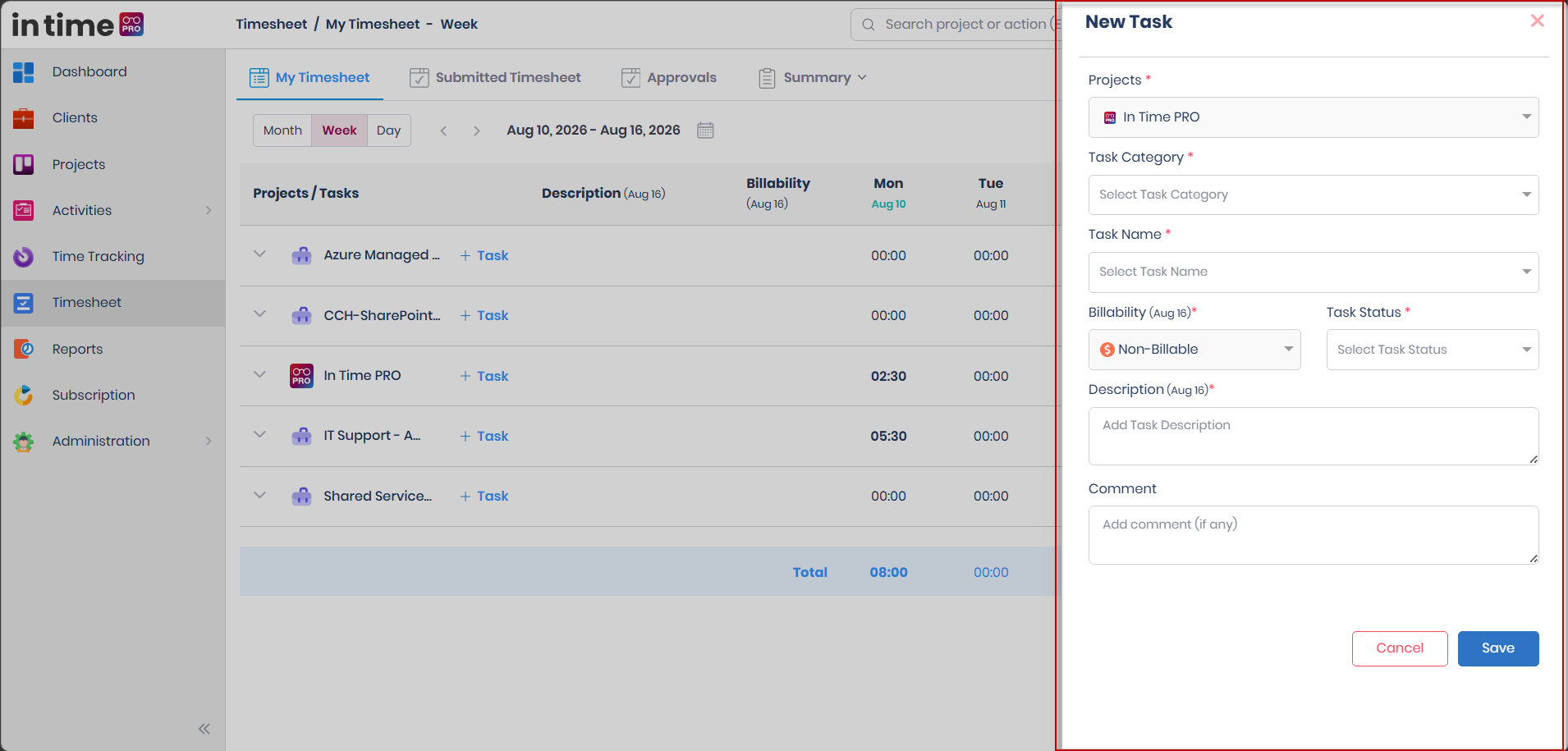 New Task form used to enter Project, Task Category, Task Name, Billability, Task Status, Description, and Comment