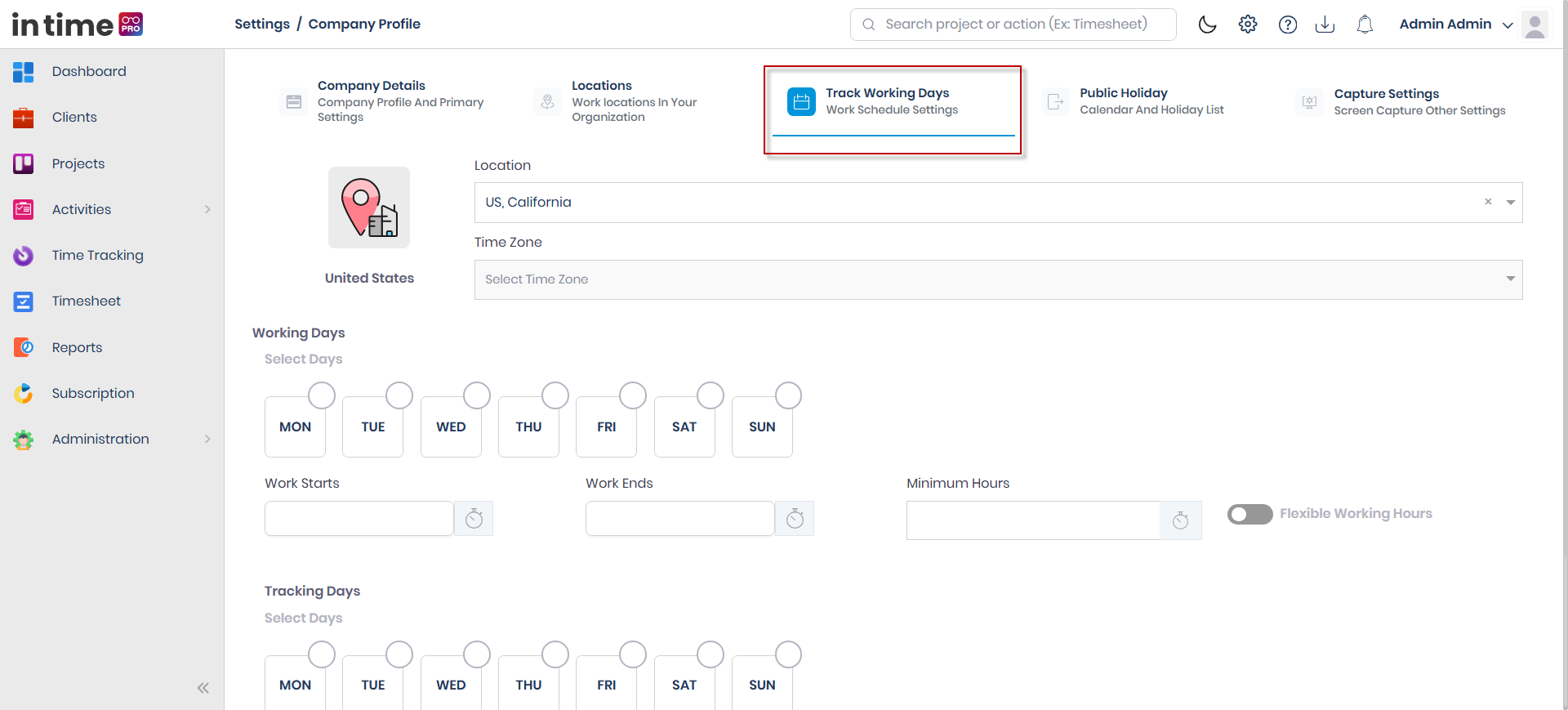 Track Working Days tab with the Location/Timezone selectors, Working Days toggles, Work Starts/Work Ends and Minimum Hours fields, Flexible Working Hours switch, and Tracking Days/Tracking Starts/Tracking Ends fields