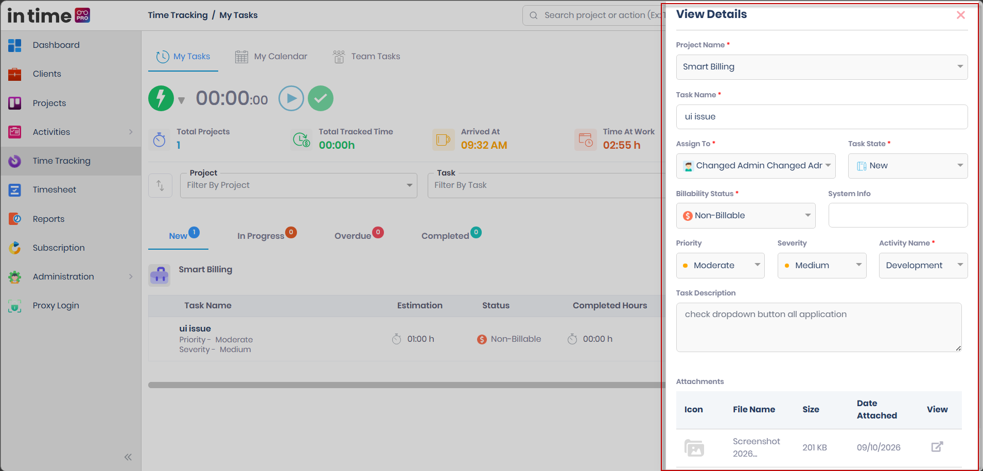 View Details panel showing Project Name, Task Name, Assign To, Task State, Billability Status, System Info, Priority, Severity, Activity Name, Task Description, and Attachments